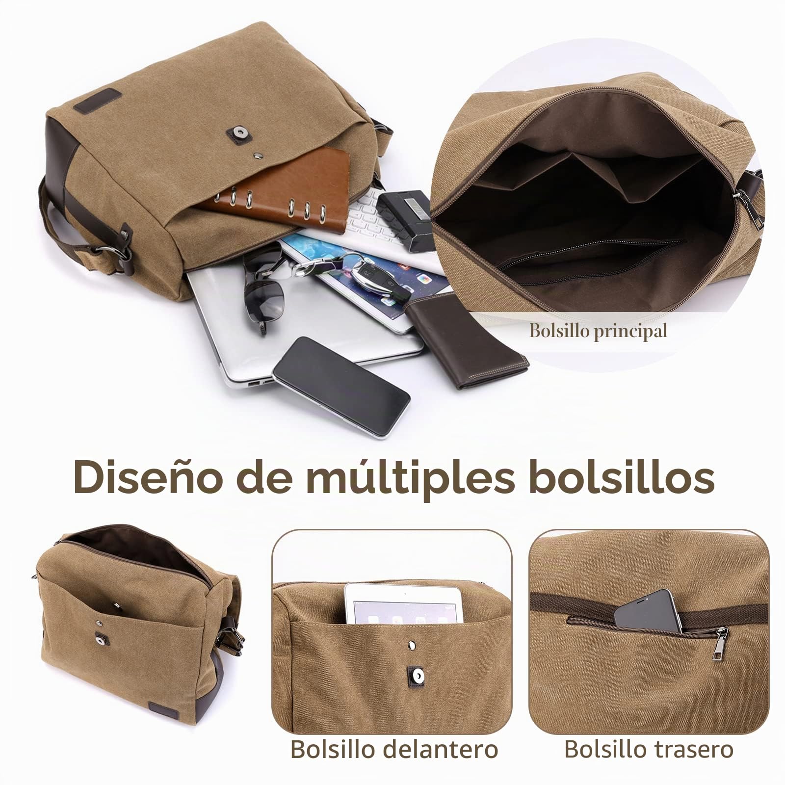 Hombres Bolso de Hombro Bolso de Bandolera de Lona Bolsos Cruzados para 13.3 Pulgadas Portátil Bolsa Mensajero para Conmutar Trabajo Viaje Escuela Negro