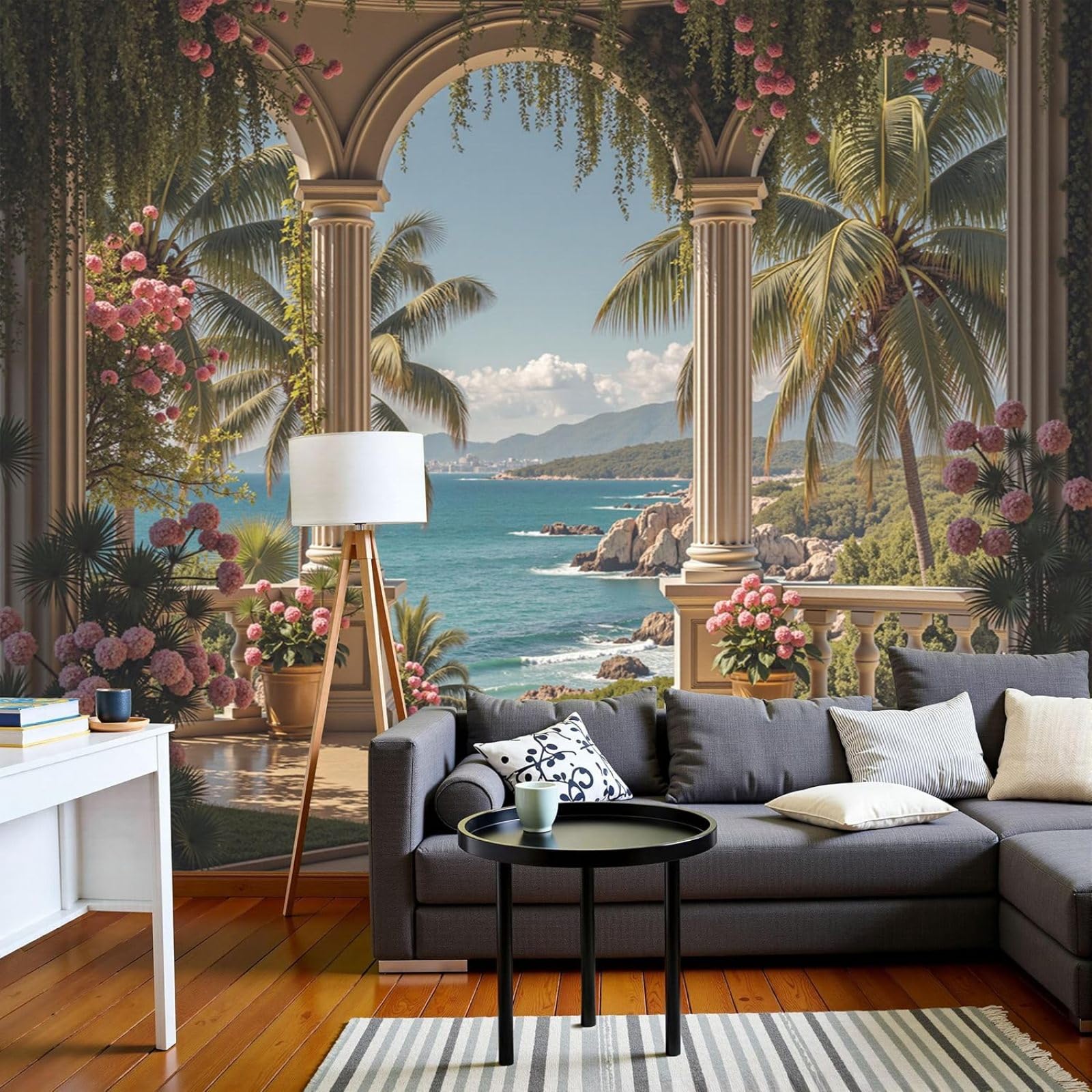Photo wallpaper Classic archway with sea view - XL, balcony palm trees landscape 3D effect, beige for living room bedroom non-woven wallpaper wall mural, 400cm x 280cm stickers - frameless painting -