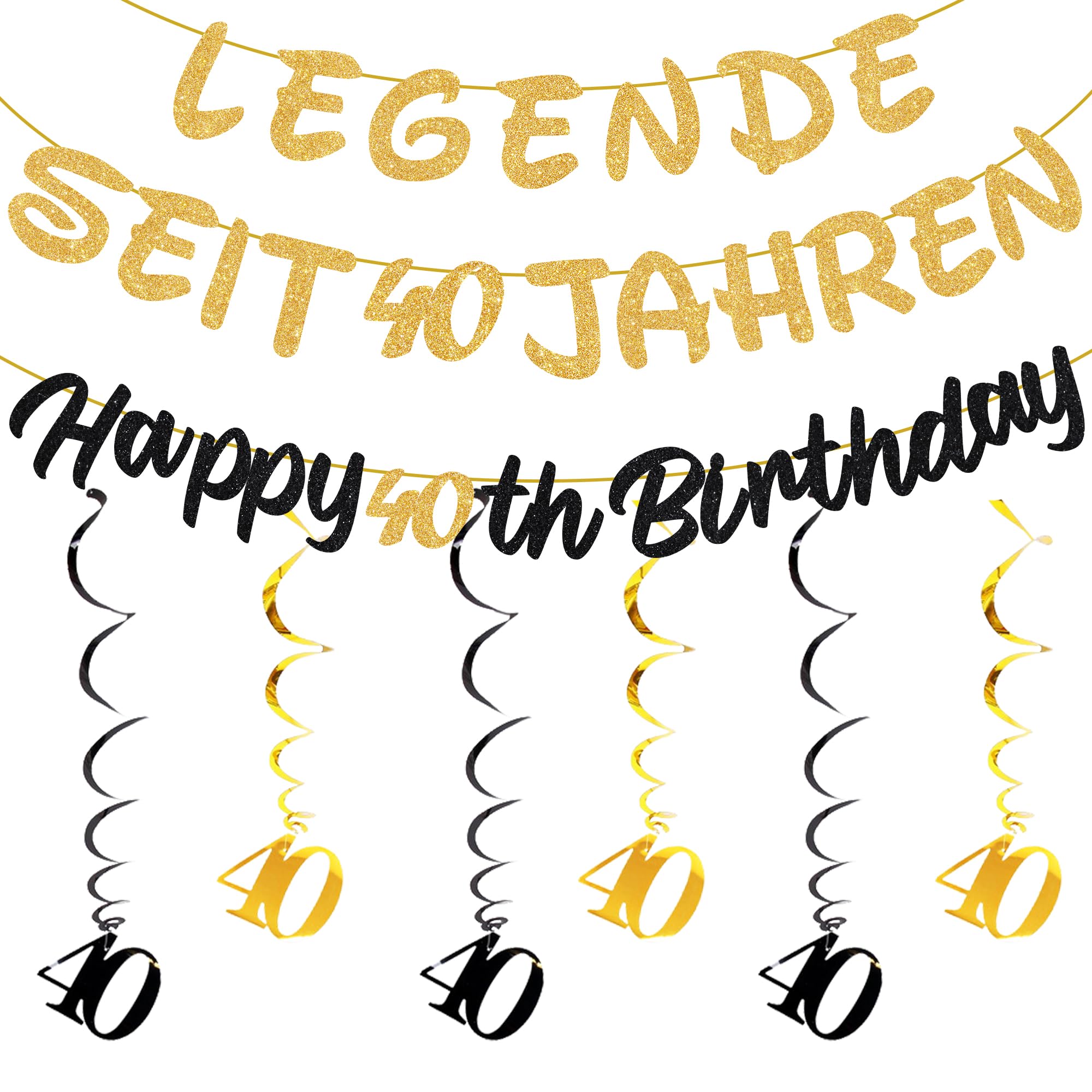 Girlande Geburtstag Mädchen Junge - 42 Stücke Geburtstagsdeko Banner, Schwarz Gold Dekorationen Spiralen Hängedeko Happy Birthday Hängende für Kinder Party