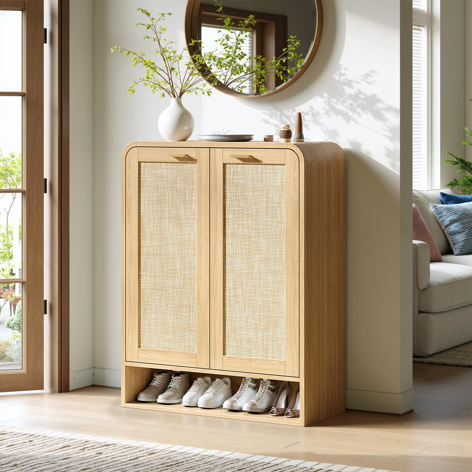 Evermagin 41" Tall Rattan Shoe Storage Cabinet, 24 Pairs Shoe Cabinet for Entryway, 5-Tier Boho Shoe Organizer with Doors for Hallway Living Room