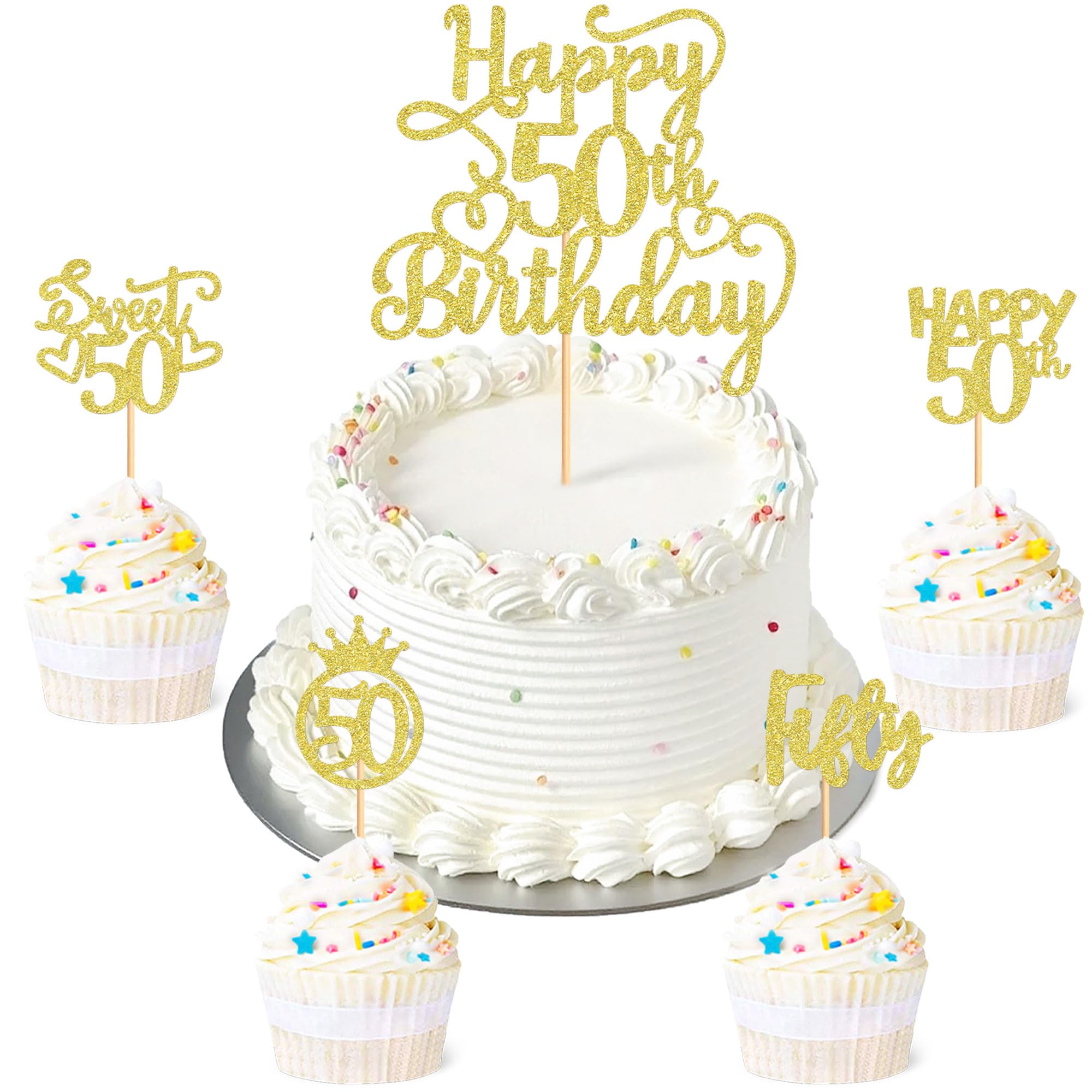 Blumomon 25PCS Gold 50th Birthday Cake Toppers Glitter Fifty Happy 50th Number 50 Cupcake Picks for Cheers to 50 Years 50th Birthday Wedding Anniversary Party Decorations Supplies