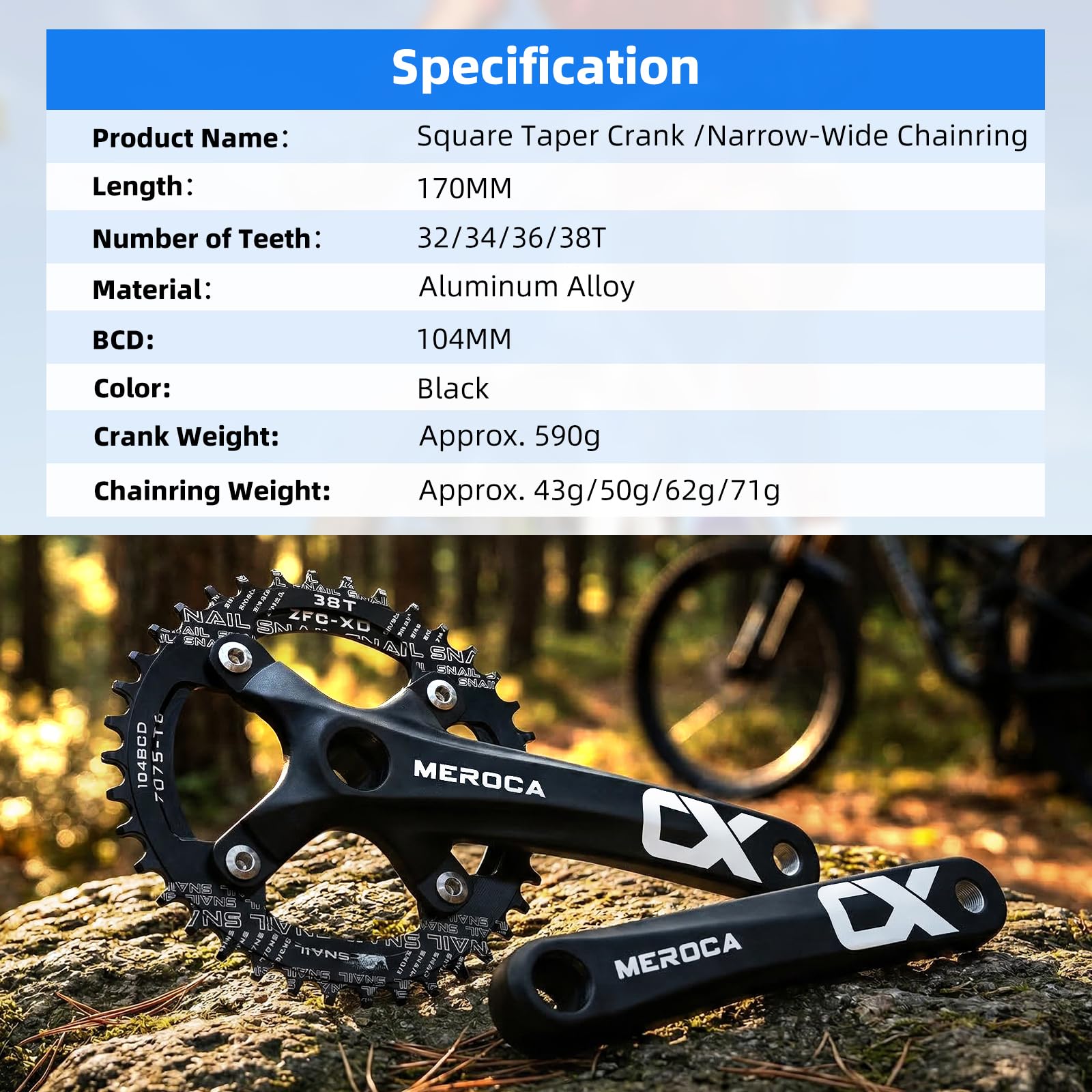 Zestaw korbowy 170 mm z łańcuchem 104 BCD 32/34/36/38T, korba MTB ze stopu aluminium, wąska, szeroka, okrągłe śruby łańcuchowe CNC, pasuje do roweru górskiego, korby roweru szosowego