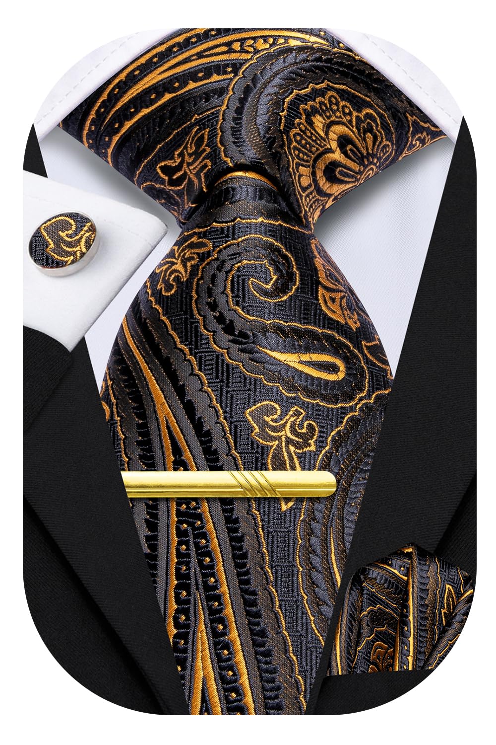 Hi-TieMens Tie and Pocket Square gold Tie Clip Cufflinks Formal Woven Silk Necktie Sets Wedding Party