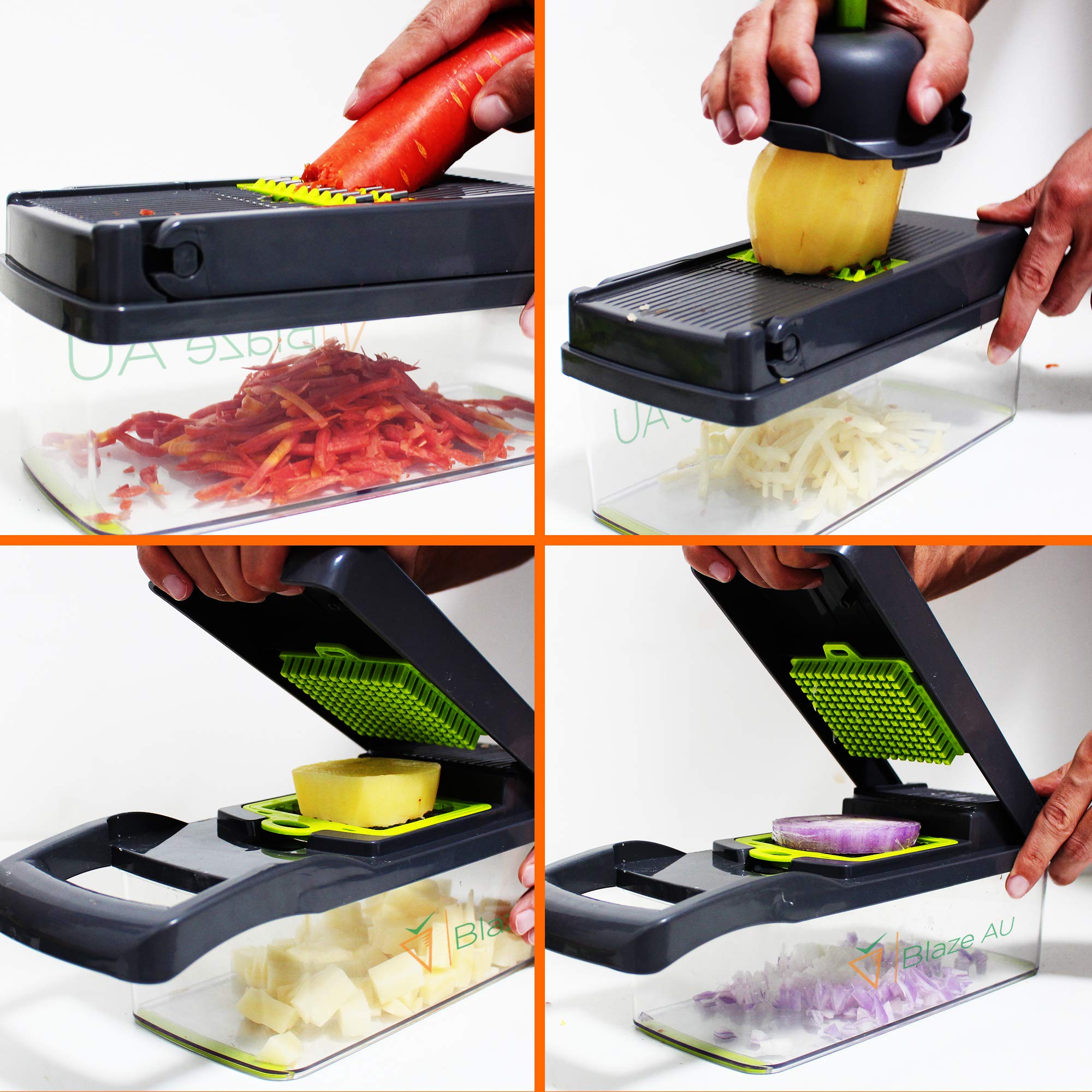Picador de verduras 15 en 1, cortador multiusos, cortador de mandolina con contenedor, alimentos, cebolla, papas, papas fritas, ensalada, pelador, rallador, cuchillas de seguridad de mano, 3