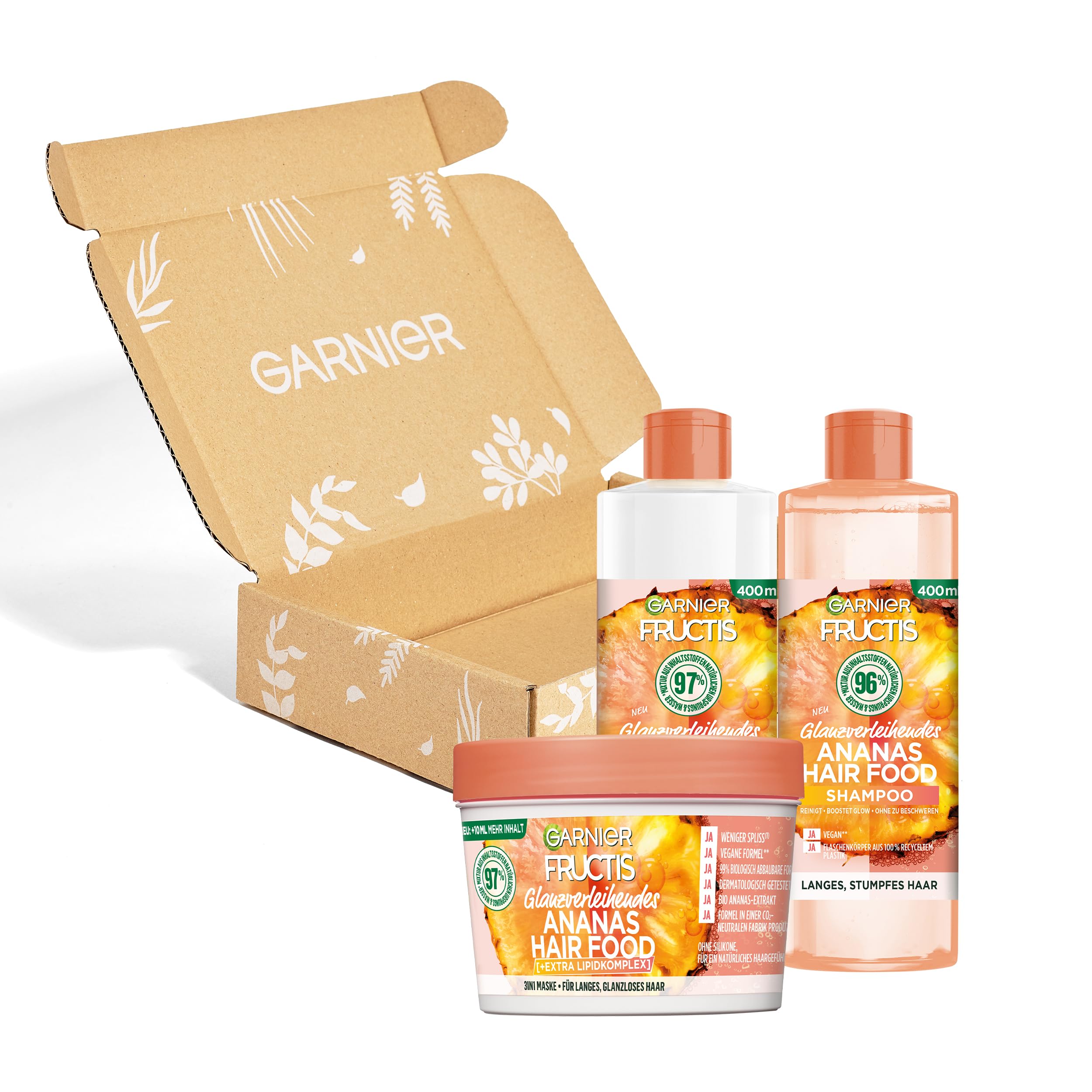 GarnierFructis Shining Hair Care Set for Long and Dull Hair, with Vitamin and Lipid Complex, Pineapple Hair Food Shampoo (400 ml), Conditioner (400 ml), 3-in-1 Mask (400 ml), 3 Pieces