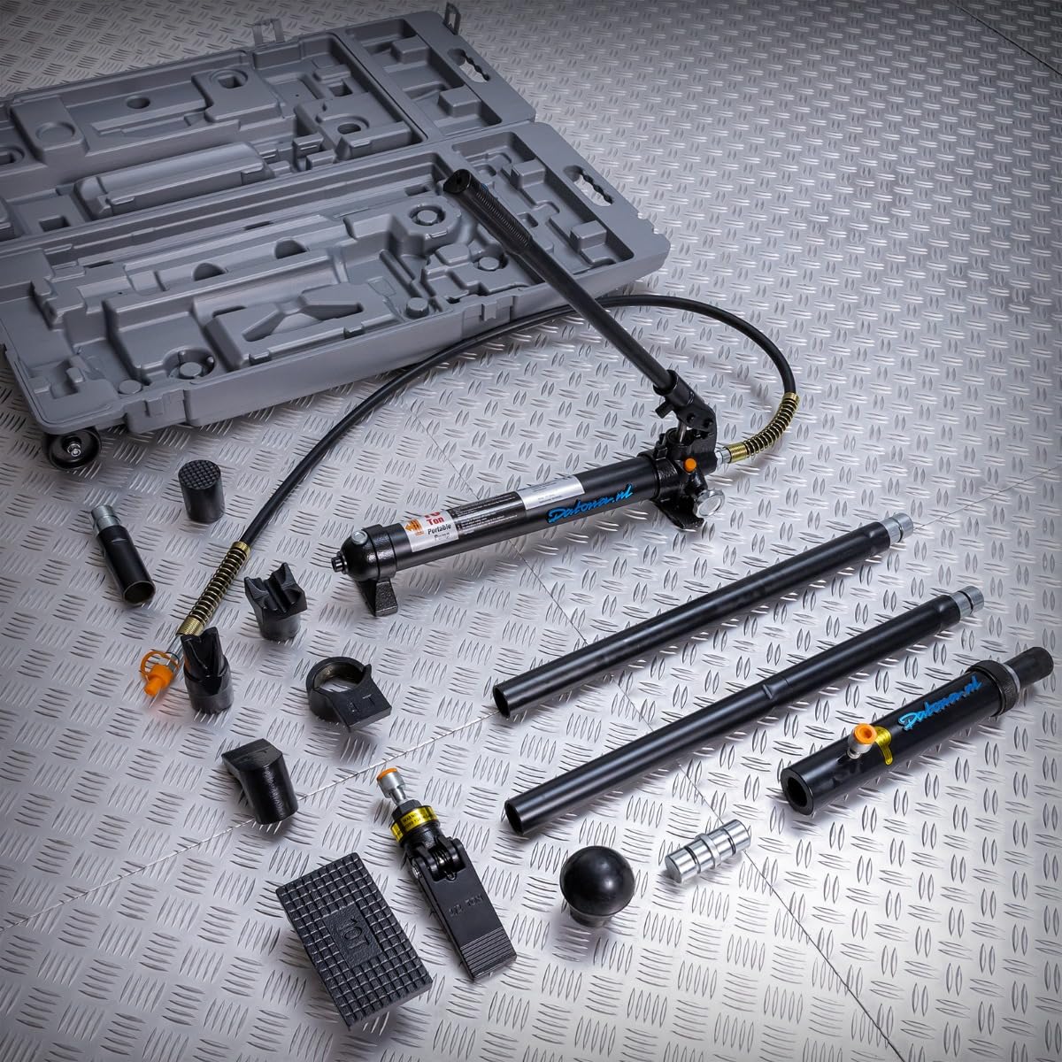 Hydraulisches Ausbeulset 10 Tonnen - Komplettes Dellen Reparaturset Auto mit Pumpe, Schlauch & Aufsätzen im Koffer - Ausbeulwerkzeug Karosserie mobil mit Rädern