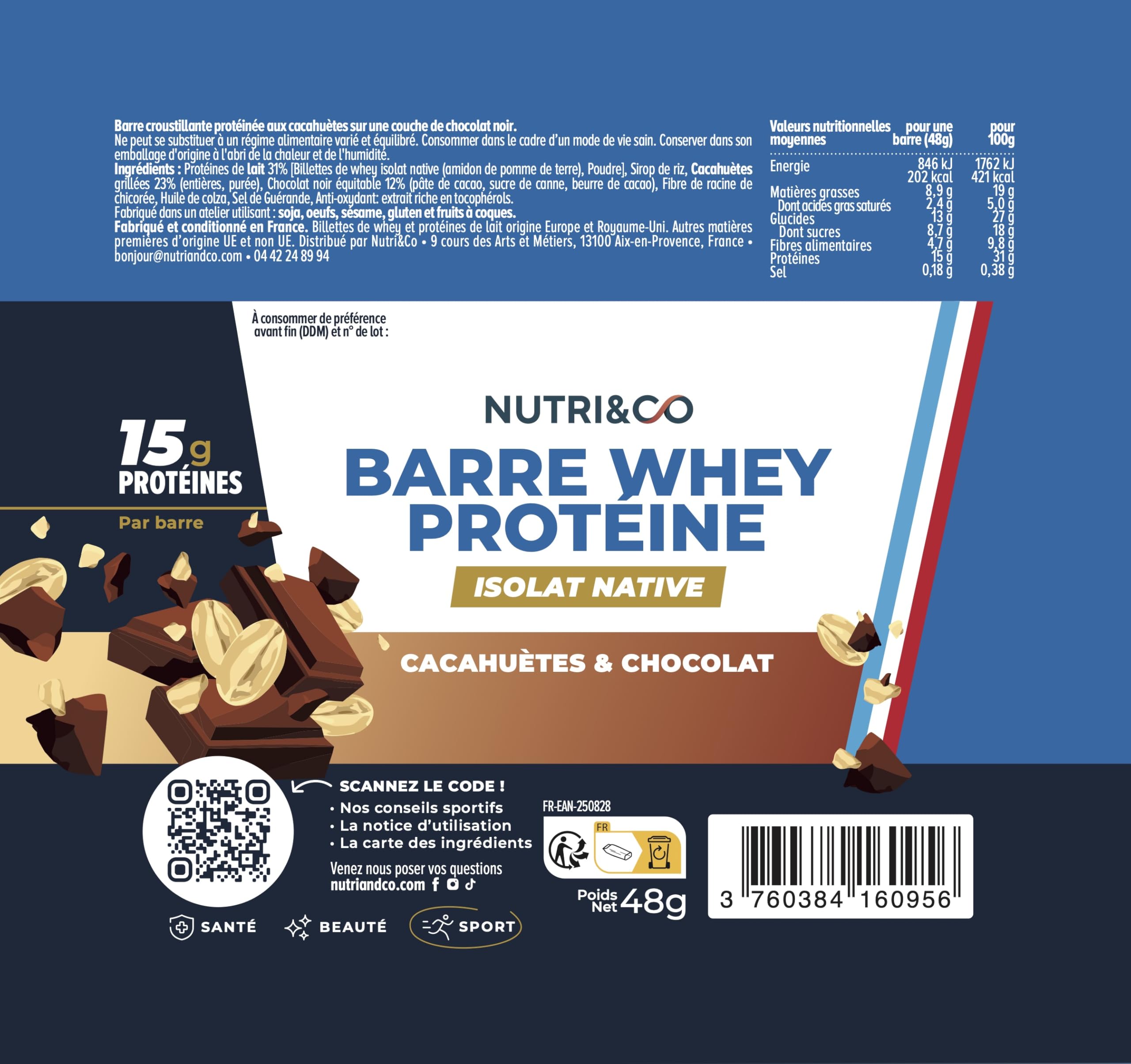 NUTRI & CO Barres Protéinées Whey Isolat Native - 15g de Protéines - Musculation & Récupération - 100% Clean sans protéines végétales ni Huile de Palme – Lot de 12 Barres Cacahuètes & Chocolat
