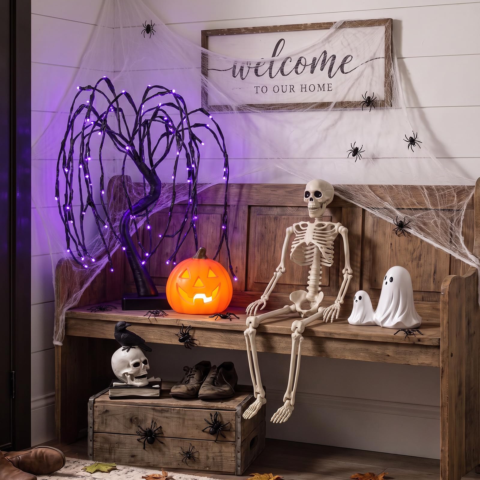 Woanger Juego de 34 decoraciones de Halloween de 20 pulgadas, luz LED púrpura de sauce, esqueleto, cuervo, calavera, estatua, fantasma, figuras de calabaza, telaraña con arañas para Halloween