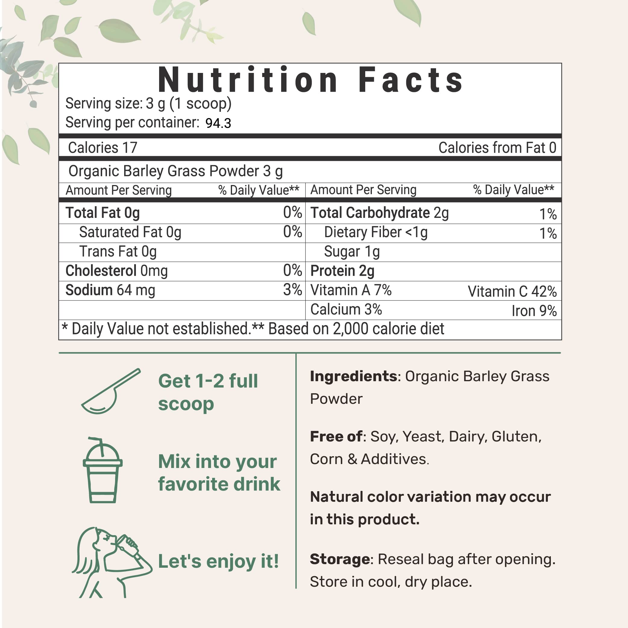 Sustainably US Grown, Organic Barley Grass Powder, 10 Ounce, Rich in