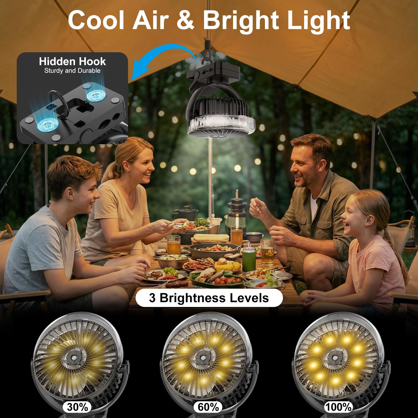 ELZO Ventilatore da campeggio da 12000 mAh, ventilatore da tavolo USB con luce a LED e funzione spray, gancio di sospensione e chiusura magnetica, silenzioso ventilatore a clip di rotazione a 360°