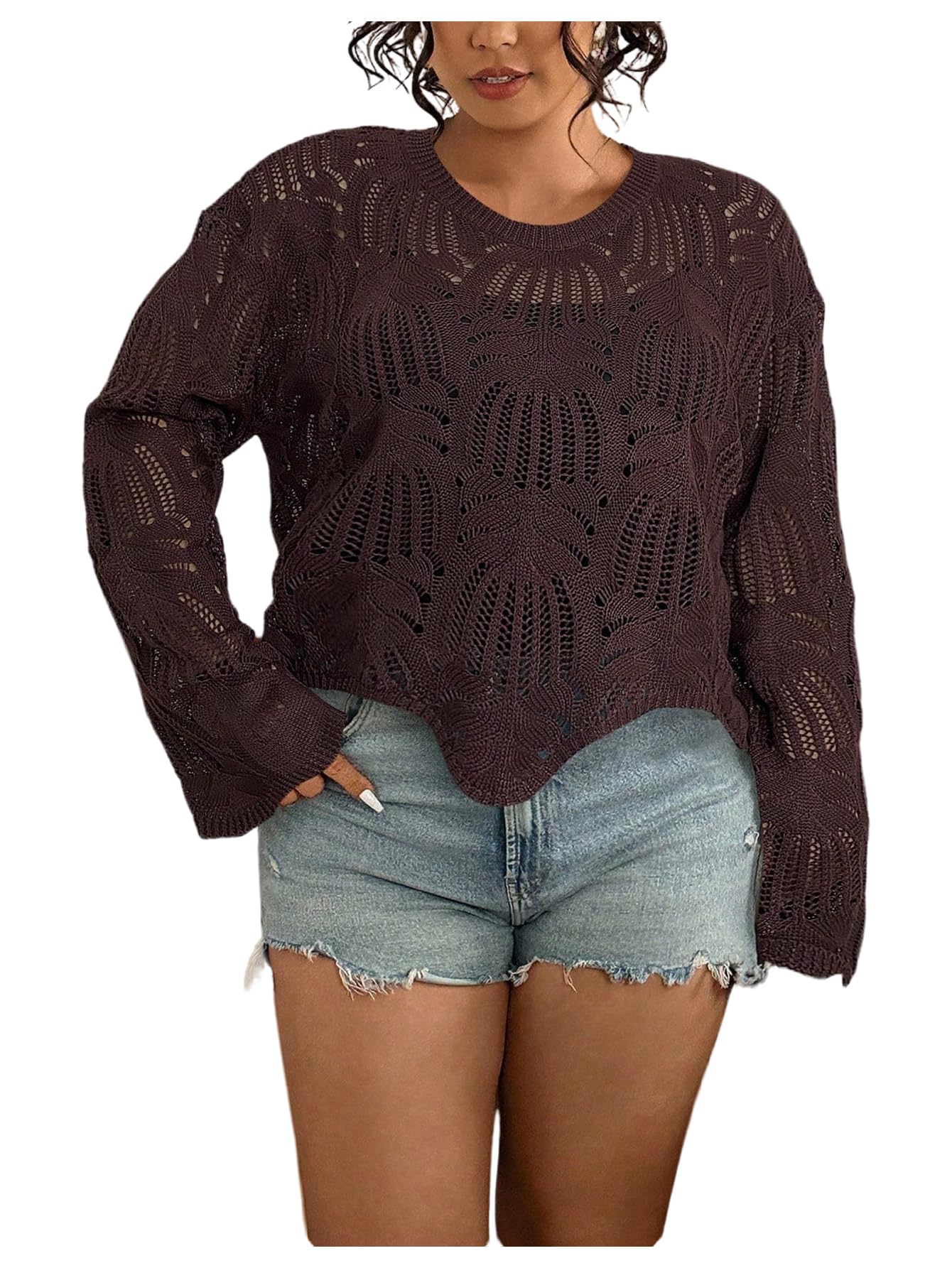 Womens Plus Size Crochet Hollow Out Crop Sweater Crew Neck Bell Long Sleeve Pullover Knit Tops