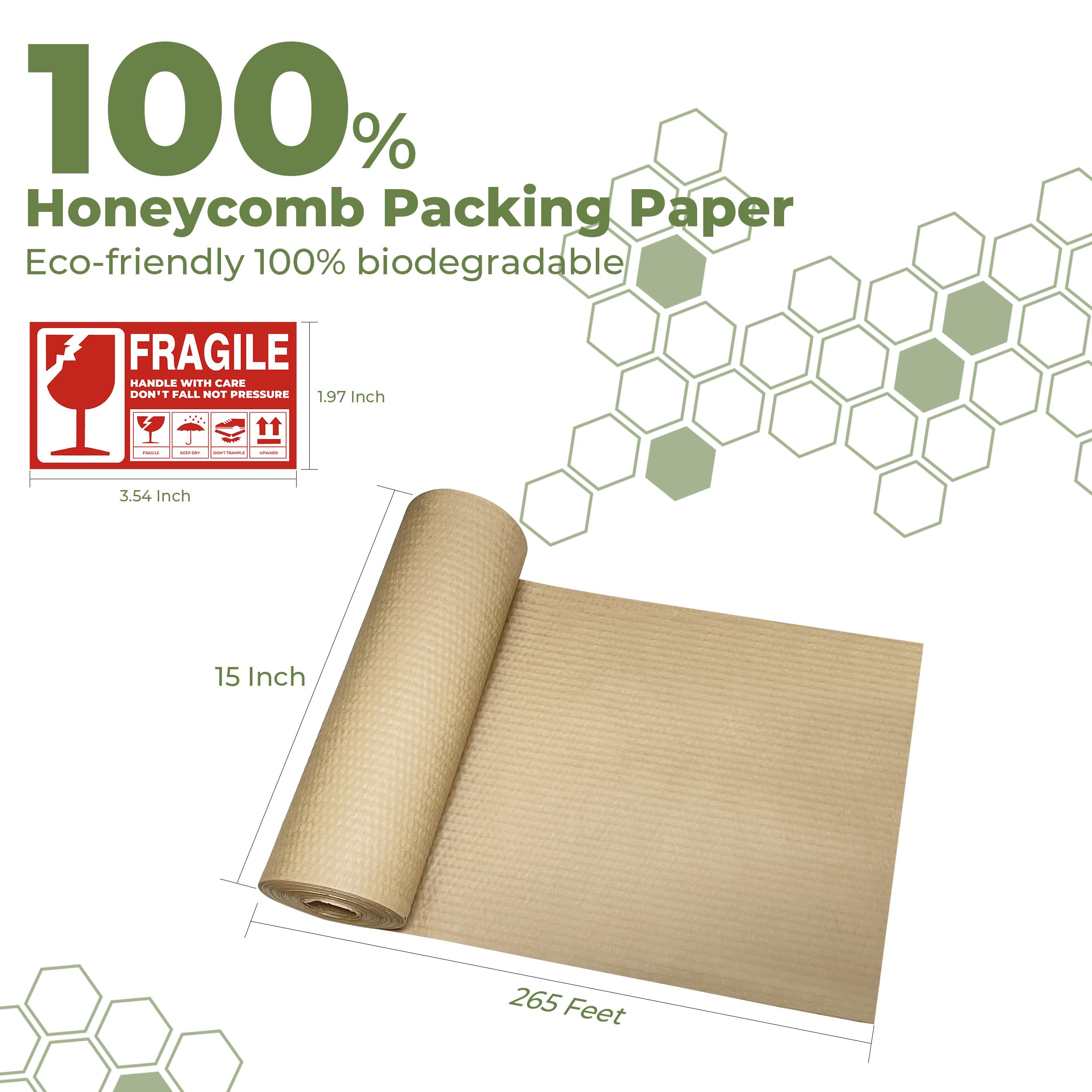 Wabenverpackungspapier, 38,1 x 665 cm, Ersatzalternative für Luftpolsterfolie für Umzug, Versandverpackung, recycelbares Umzugszubehör mit 60 zerbrechlichen Aufkleber-Etiketten