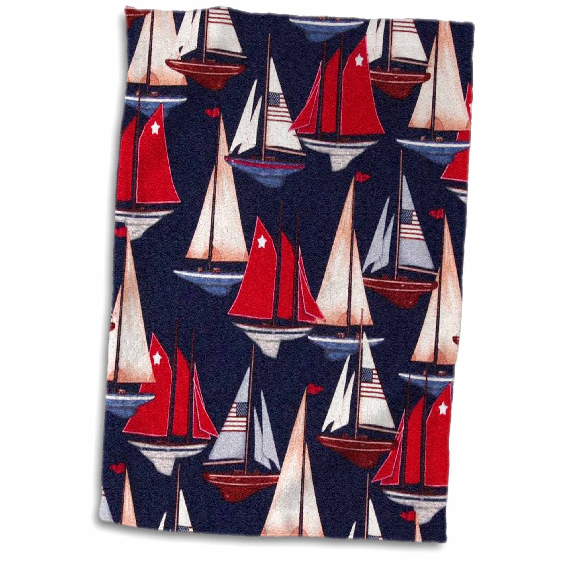 3D Rose Sailboats n Schooners with USA Flags on Navy TWL_60548_1 Towel, 15" x 22"