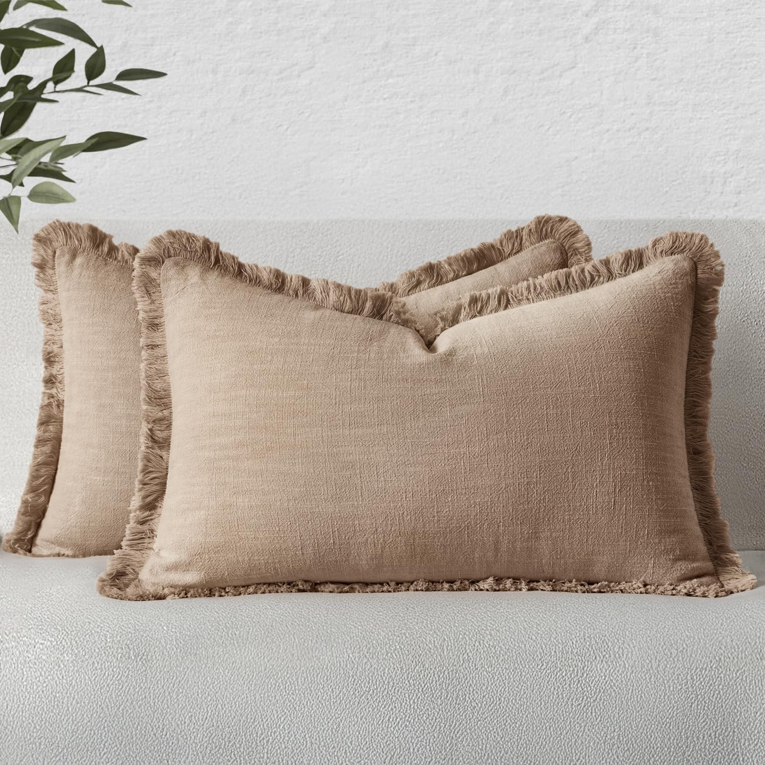 MIULEE Boho Linen Fringe Decorative Lumbar Throw Pillow Covers Camel 12x20