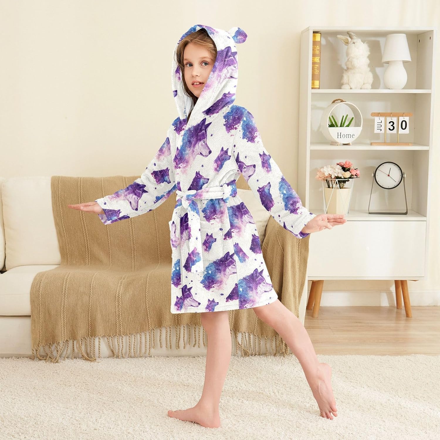 Wolf Purple Prints Toddler Hooded Bathrobe for Boys Girls Soft Plush Bath Towel Robe 2-12 Years