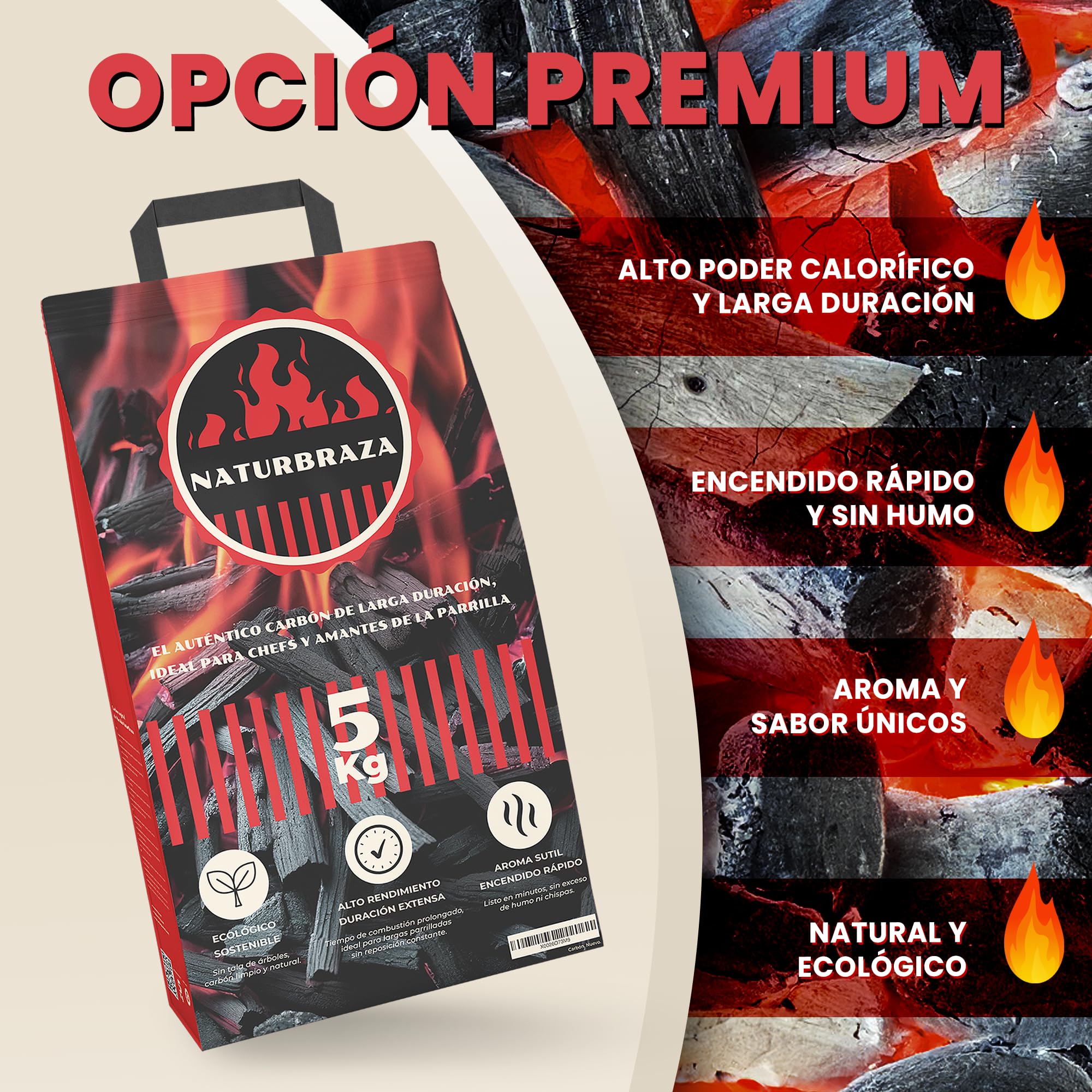 Carbón Vegetal de Marabú 5 kg – Carbón Natural para Barbacoa y Asador, Saco Ecológico sin Humo ni Aditivos, Encendido Fácil, Alto Poder Calorífico y Brasas Largas (Pequeño)