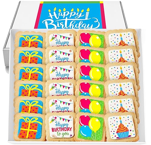 Happy Birthday Cookies - Paquete de 24 cestas de regalo envueltas individualmente para niños, hombres y mujeres, caja de regalo decorada para