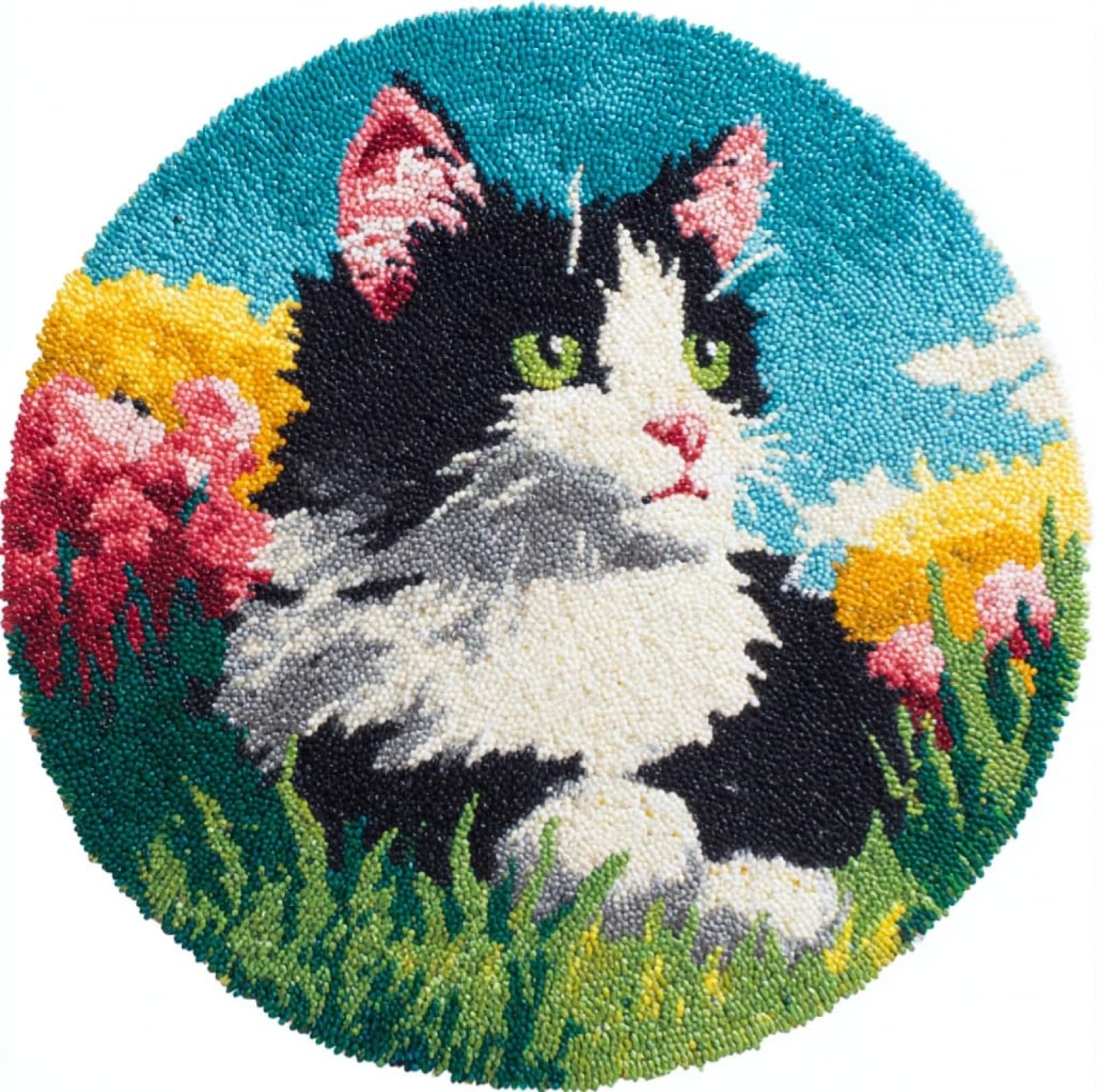 WallustrioaW Latch Hook Rug Kits for Adults Kids Beginners,cat in the Grass,DIY Crochet Rug Making Kit with Printed Patterns Canvas Yarn Carpet Crafting Arts,50x50cm