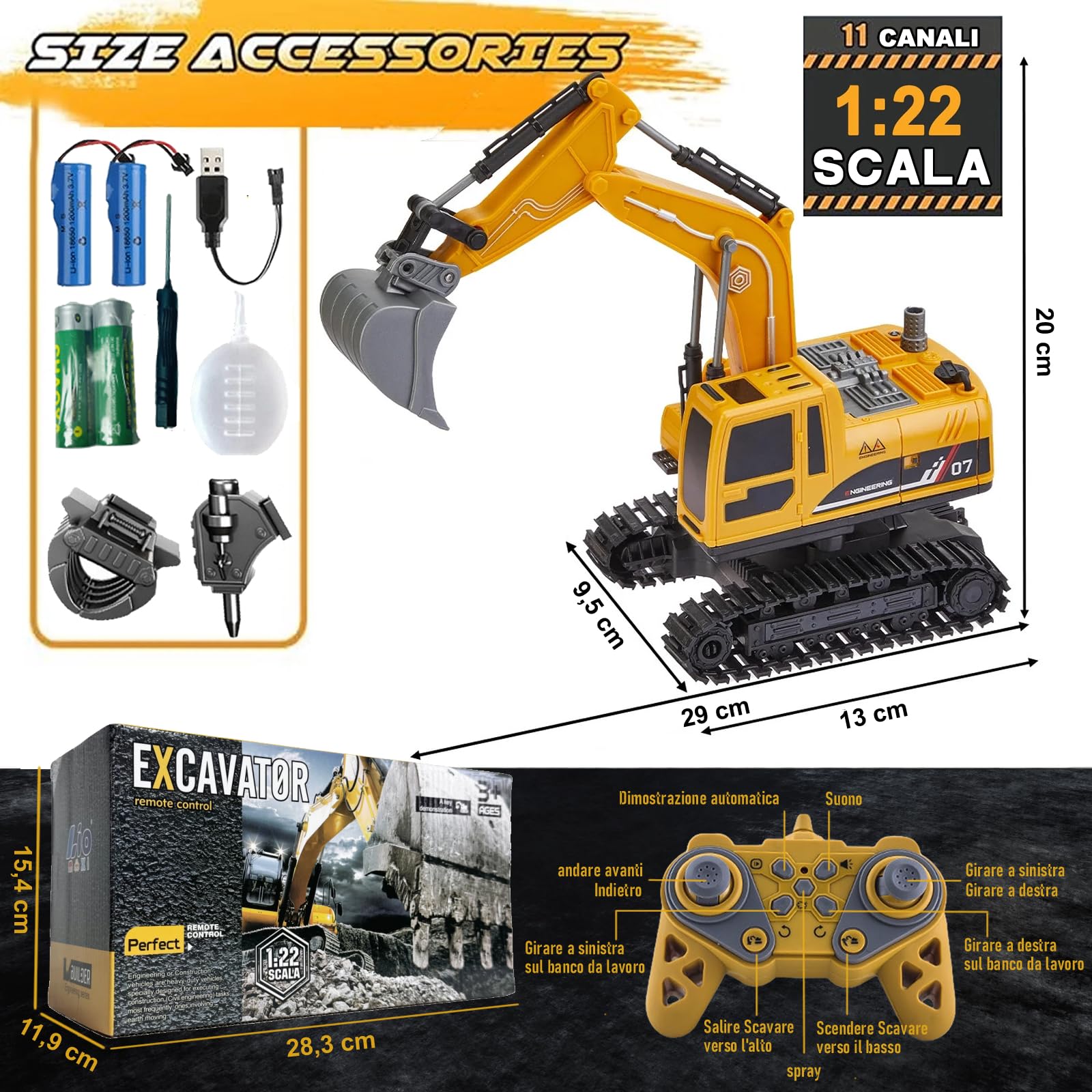 1:22 Escala 11 Canales 3 en 1 Excavadora teledirigida para niños, excavadoras inalámbricas con pala de metal, excavadora hidráulica con luces y sonidos y spray, regalos para niños de 4 a 7