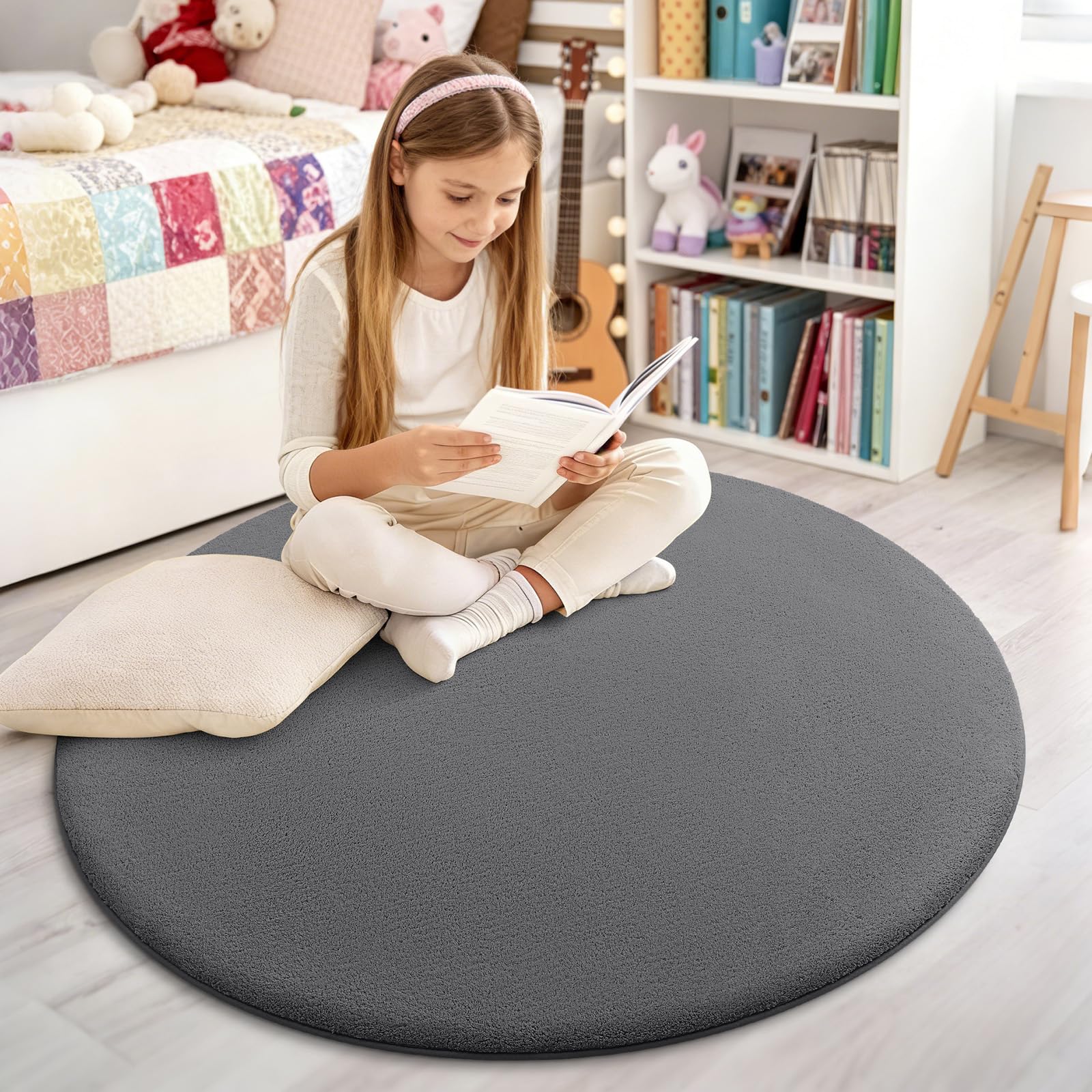 Homaxy Modern Rugs Carpet Living Room, Soft Shaggy Non-Slip Non-Shedding, Fluffy Washable Rug for Bedroom Hallway, Easy Care Home Decor, 120x120cm Round, Dark Grey