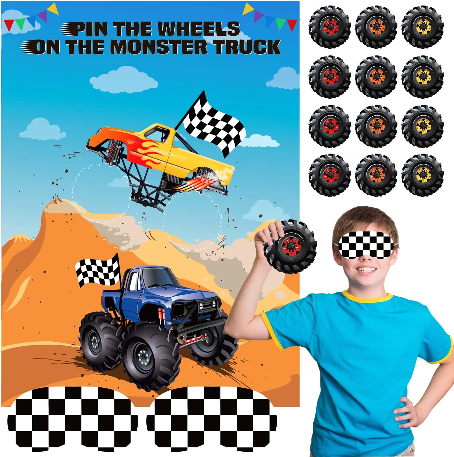 ASTARON Pin The Tail Games Pin The Wheels on The Truck Party Game with 30 Tyres Stickers for Car Theme Birthday Party Supplies, Boys Party Baby Shower Background Christmas Party Gifts Favors