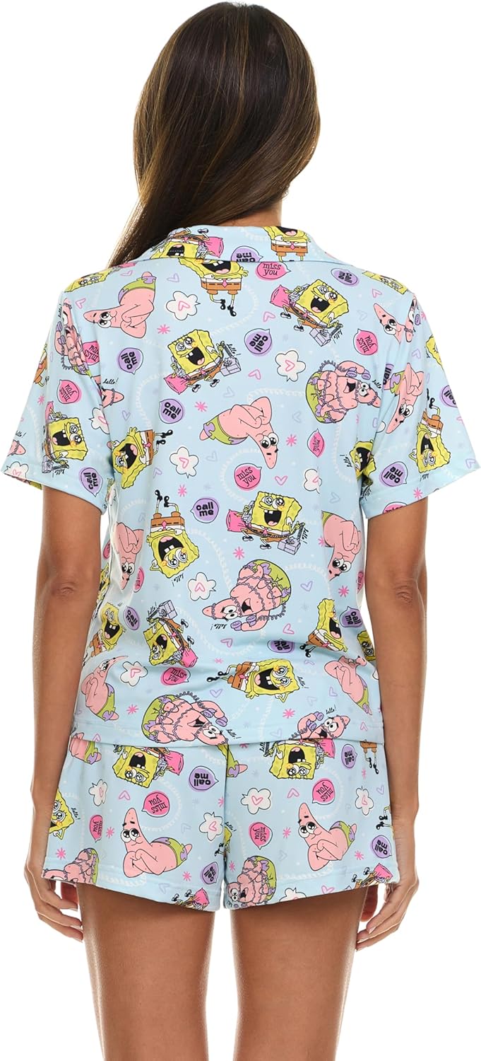 COCO BRANDS Spongebob Womens Pajama Set, Soft Stretchy Pajama Shorts & Short Sleeve, Notch Collar, Button Down Top - Image 6