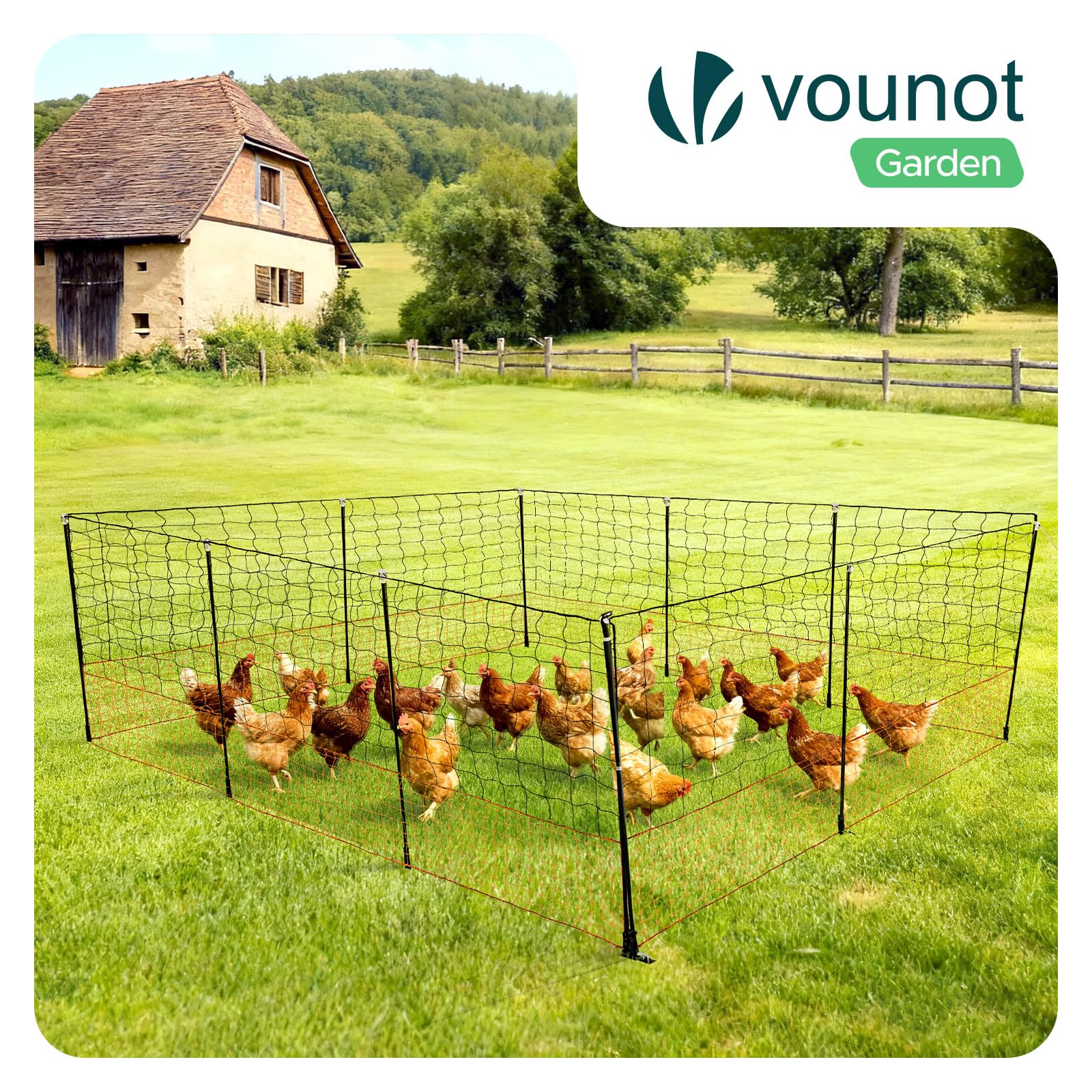 VOUNOT® Kit Valla de Red para Gallinas 30M con Puerta Malla Gallinero PE Resistente Rollo Cercado Valla Pollo Cerca Red Protección para Aves de Corral con Estaca Doble Punta para Pollos Jardín Naranja