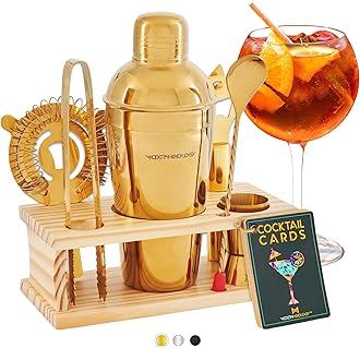 Modern Mixology Cocktail Shaker Set - 8 Piece Bartender Kit on Quality Pine Stand | Complete Cocktail Kit Gift Set | Top Bartender Gifts for Men | Leak Proof Design (Gold)
