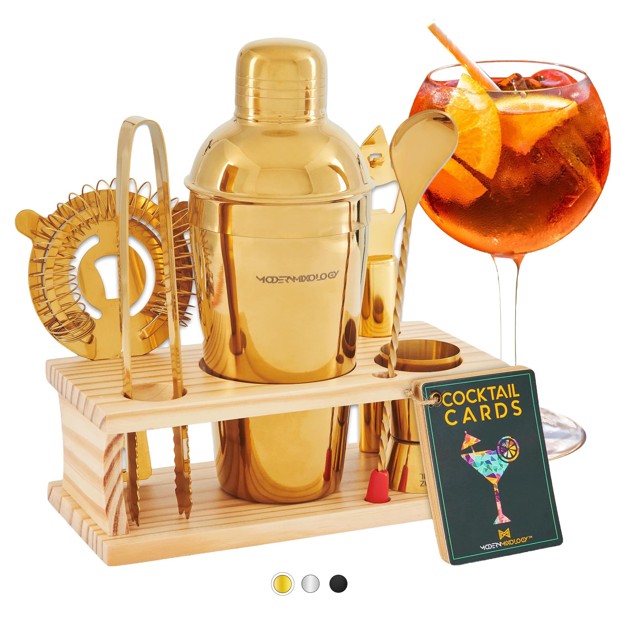 Modern Mixology Cocktail Shaker Set - 8 Piece Bartender Kit on Quality Pine Stand | Complete Cocktail Kit Gift Set | Top Bartender Gifts for Men | Leak Proof Design (Gold)
