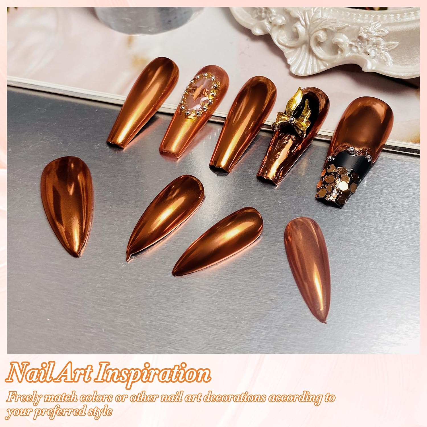 FNNZ Chrome Nail Powder, Bronze Copper Mirror Effect Metallic Nail Powder