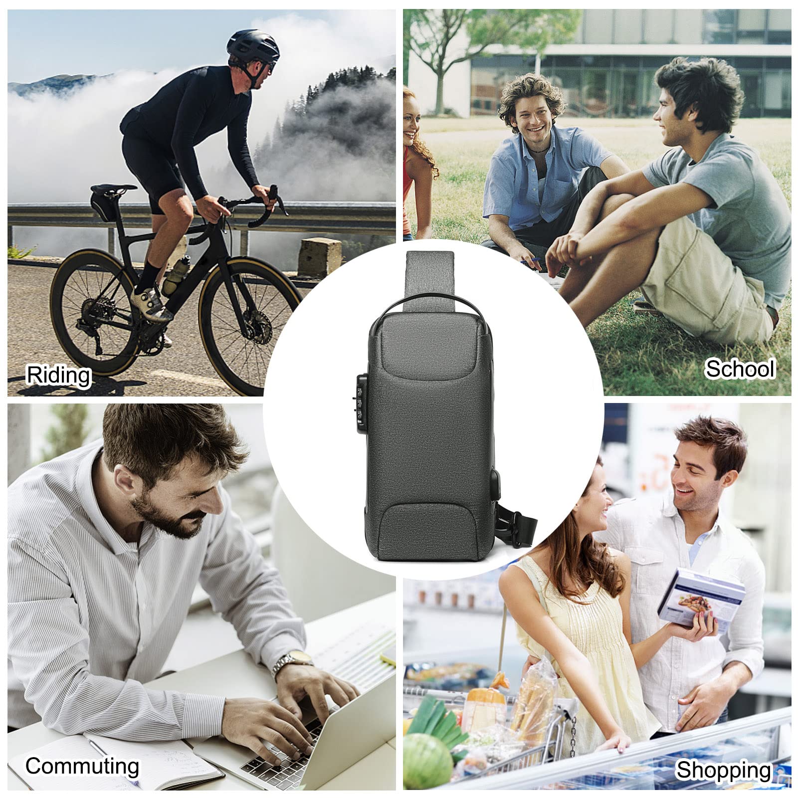 FANDARE Antirrobo Bolsos Cruzados Bolsa de Pecho Bandoleras Cruzada con USB Negocio Sling Bag Impermeable Estilo de Autos Deportivos para Hombre Colegio Viaje Multibolsillos Mochila Verde Gris