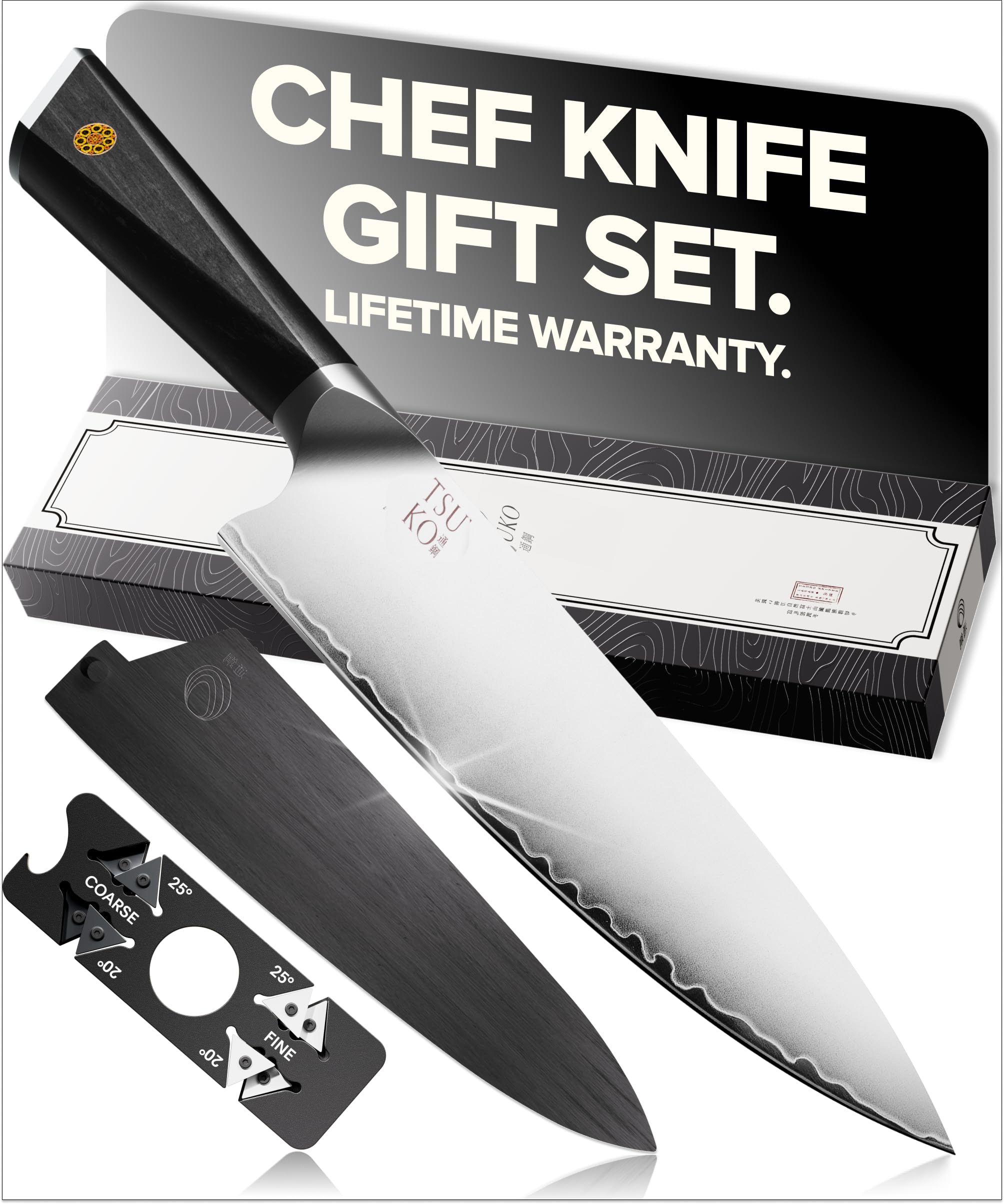 Tsuko Coltello da chef a quattro stadi e guaina in legno, set di coltelli da cucina professionali in stile giapponese da 20,3 cm, coltello affilato, coltello da cucina affilato, coltello da cucina