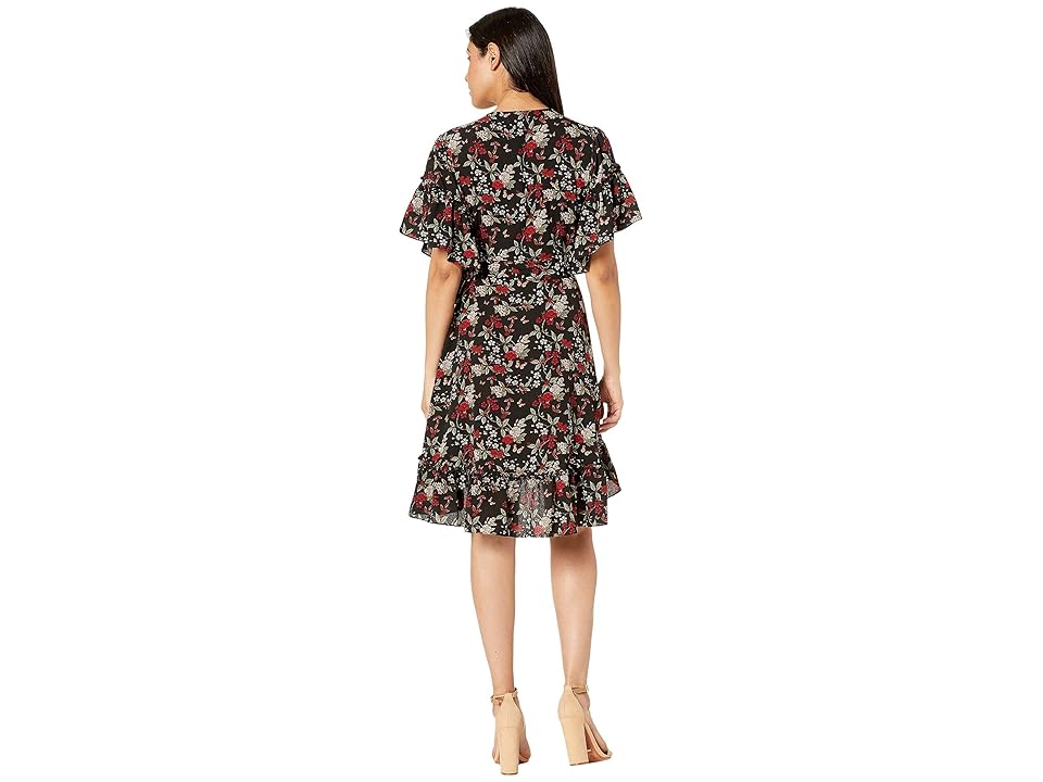 

MAXSTUDIO Ruffle Sleeve Woven Wrap Dress (Black/Wine Floral Fly Bird) Women's Dress