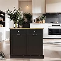 Vista 9 de RASOO Double Tilt Out Trash Can Cabinet Freestanding Laundry Hamper Wooden Tabletop with 2 Drawers Kitchen Garbage Can for 10 Gallon, Black