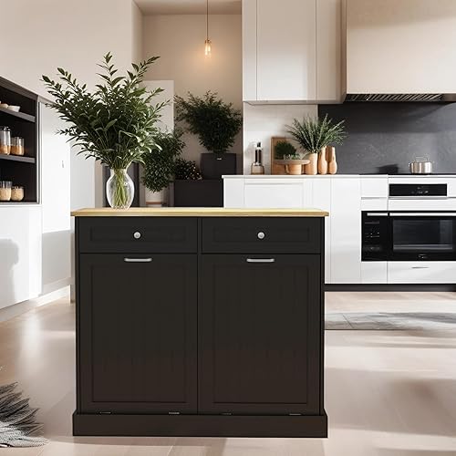 Miniatura 9 de RASOO Gabinete de basura de doble inclinación hacia fuera, cesta de lavandería independiente de madera con 2 cajones, cubo de basura de cocina para