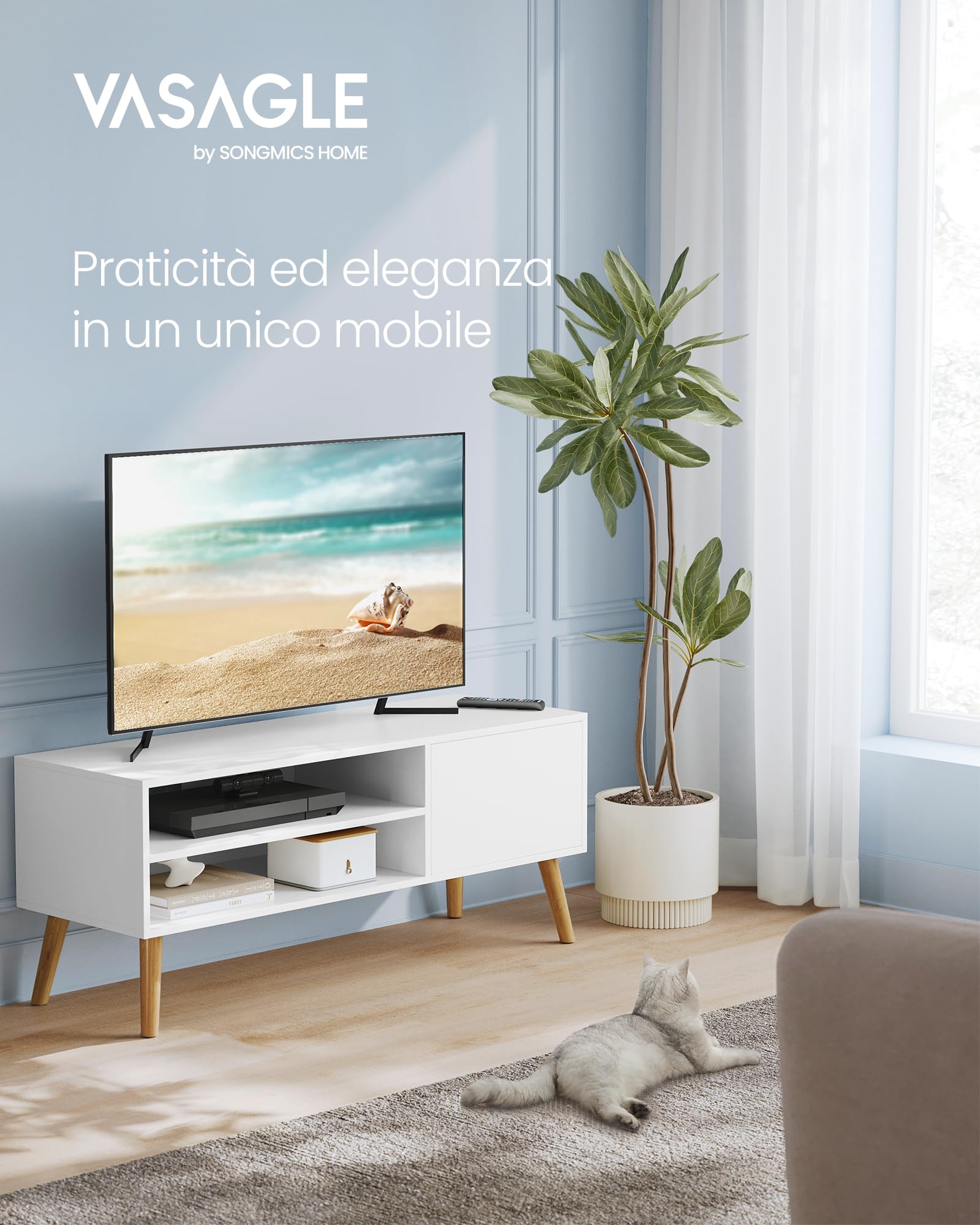 VASAGLE Mobile TV, Armadietto Stand TV, per TV fino a 55 Pollici, Porta TV Lungo 120 cm, Centro di Intrattenimento, Metà del Secolo Moderno per Soggiorno, Camera da Letto, Bianco LTV120T46