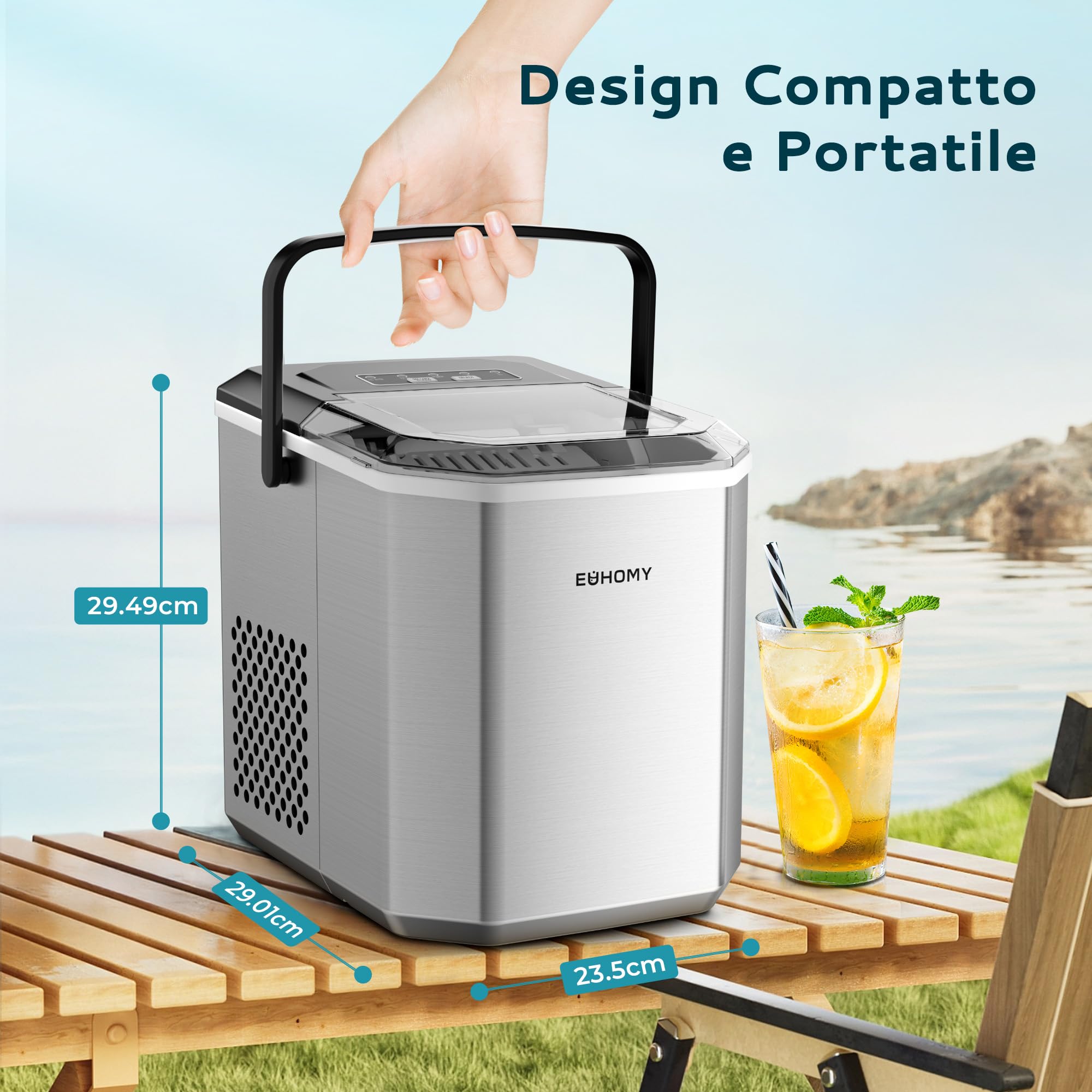 EUHOMY Macchina per il Ghiaccio: 9 Cubetti in 6 Minuti, Macchina del Ghiaccio Casa Autopulente, 2 Dimensioni di Ghiaccio,12KG/24H con Maniglia/Paletta/Cestello, Acciaio Inossidabile