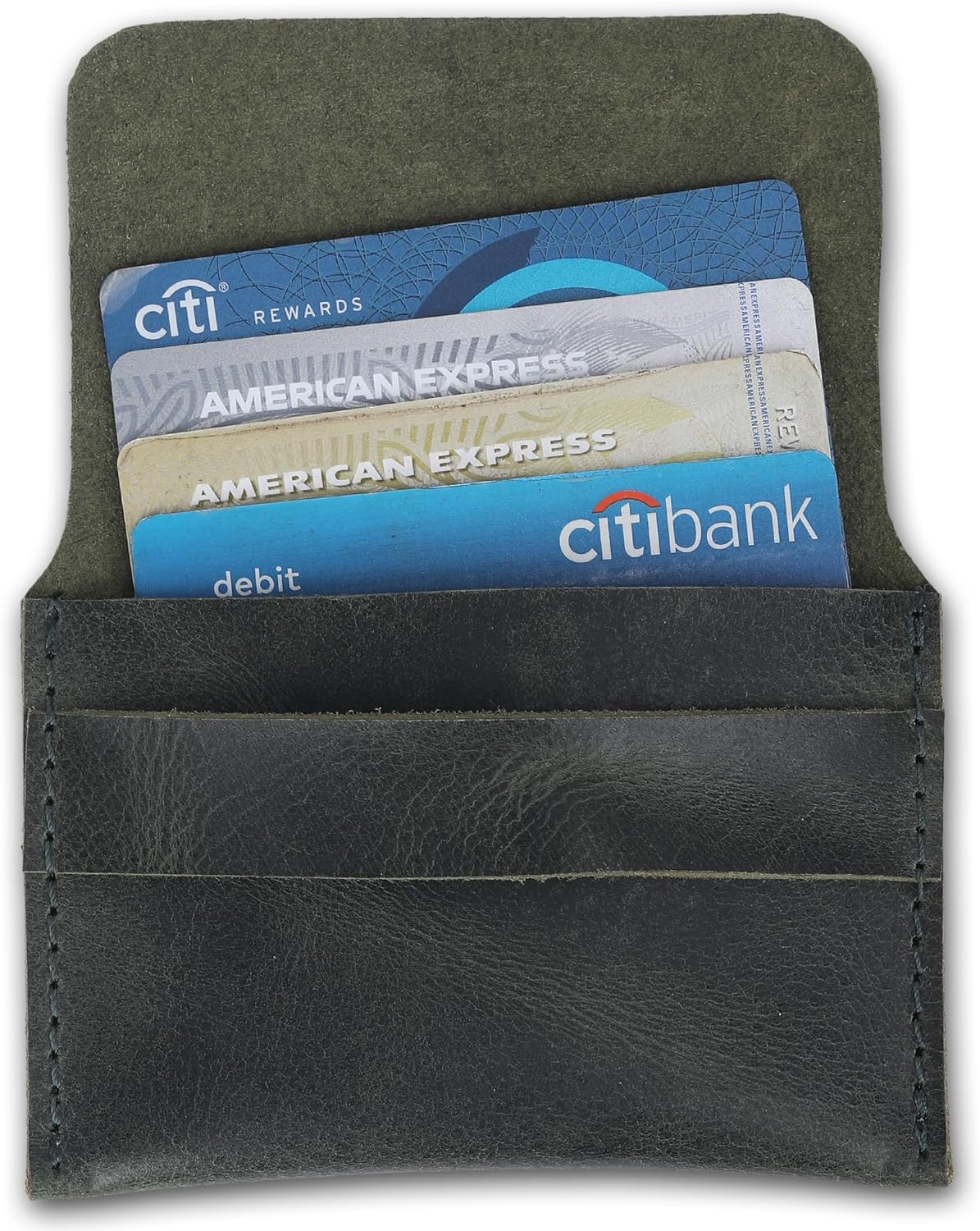 Distressed Leather Business Card Holder Slim Credit Card Wallet for Men and Women Vintage Brown Leather Compact Minimalist Card Organizer for Pocket or Purse Durable Card Case (Green) - Image 3