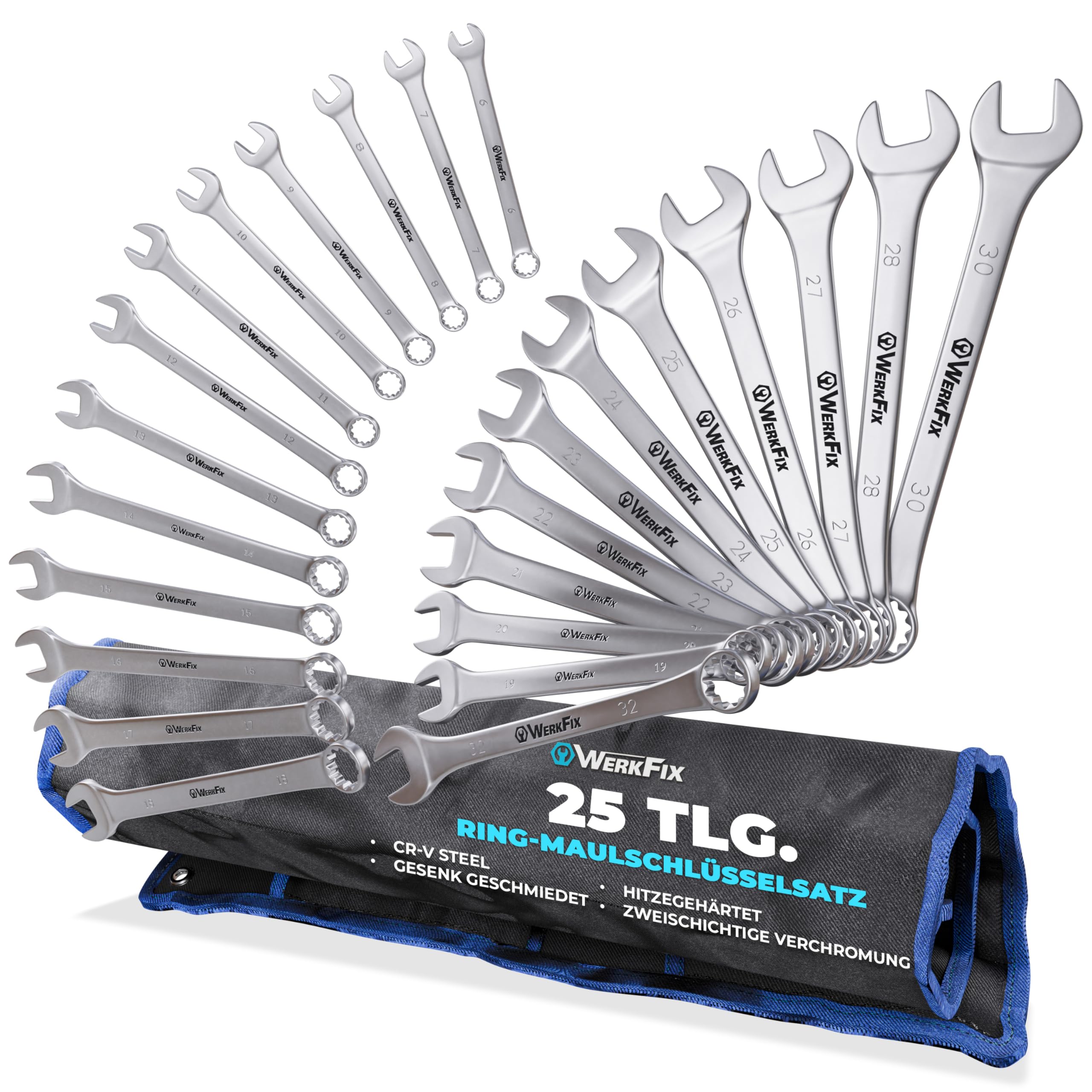 WerkFix Ring-Maulschlüsselsatz 25-tlg. 6–32 mm | CrV-Stahl Schraubenschlüssel Set KFZ Werkstatt | Gabelschlüssel mattiert & laser-markiert | Profi Schraubenschlüssel Set mit Rolltasche