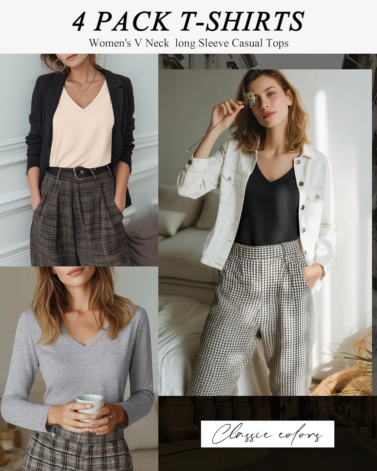 Neer 4 Pack Women's T-Shirts V Neck Long Sleeve Casual Tops Loose Fit Basic Layering Shirts Straight Hem Plain Soft Tees - Image 2