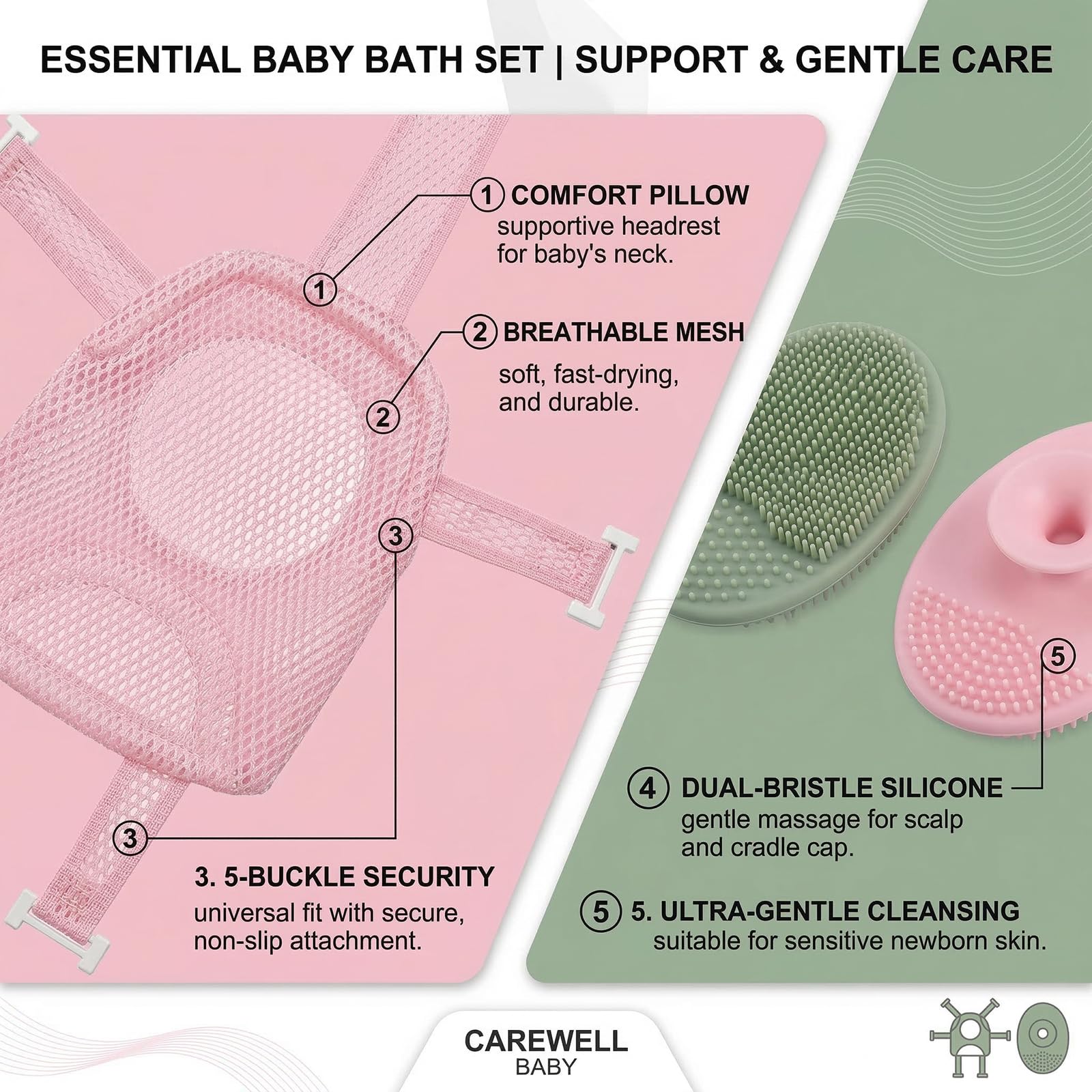 1 Pièce Hamac de Bain Antidérapant pour Bébé, Support de Siège pour Nouveau-né, Pliable et Portable, Deux Brosses à Shampooing Incluses (5 Coins) (Rose)