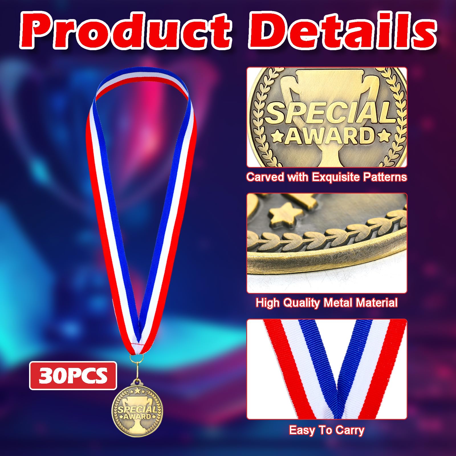 Quelay 30 medallas de premio de 2 pulgadas, medallas de oro a granel con cintas para el cuello, trofeo de metal, regalo para torneos, competiciones, fiestas, niños y adultos (premio especial)