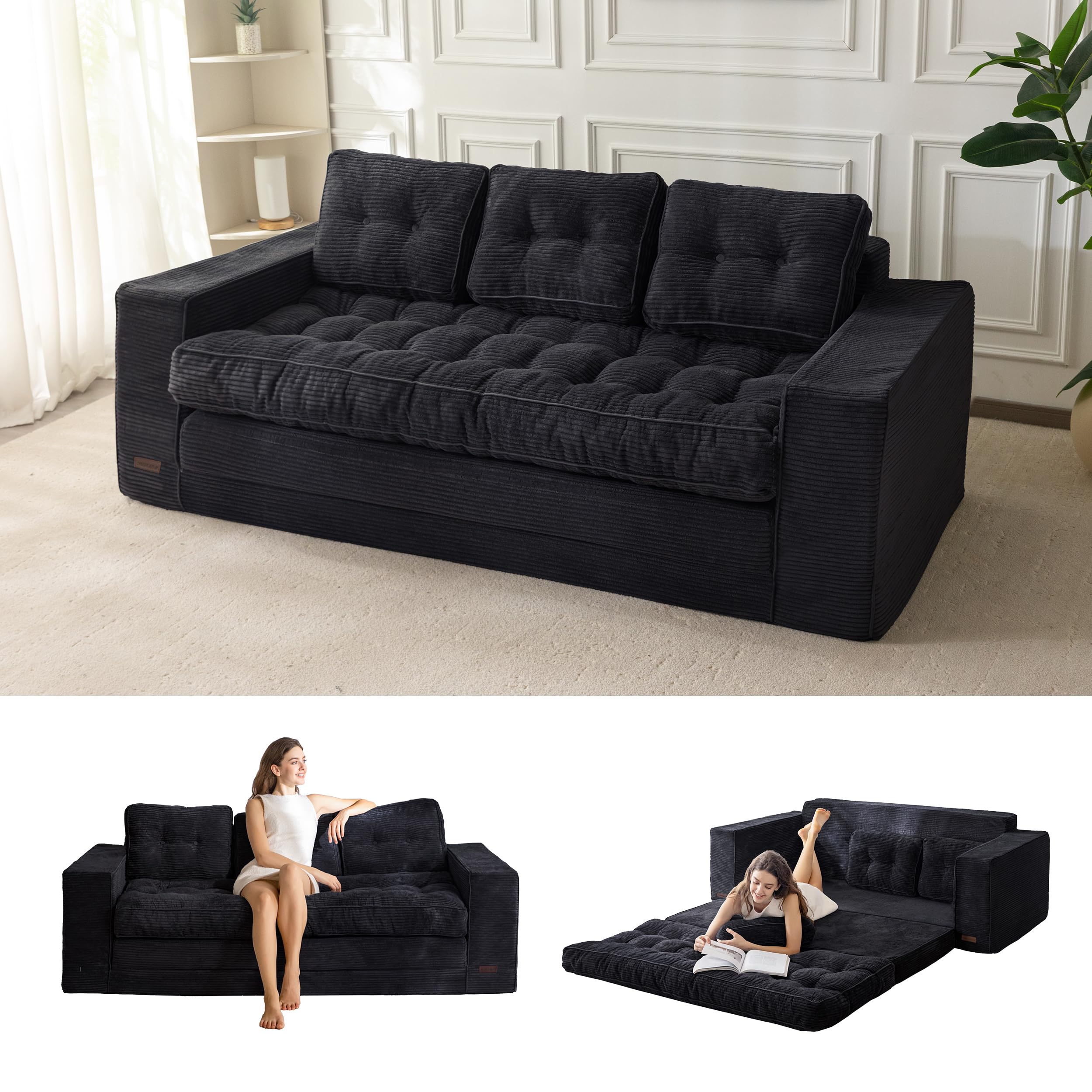 MAXYOYO Canapé-Lit de 190 cm de Large avec Coussin, 2 en 1, Pliable, en Velours, 3 Places, avec Fonction Sommeil, Surface de Couchage 101 x 196 cm, pour Salon, Chambre à Coucher, Salon