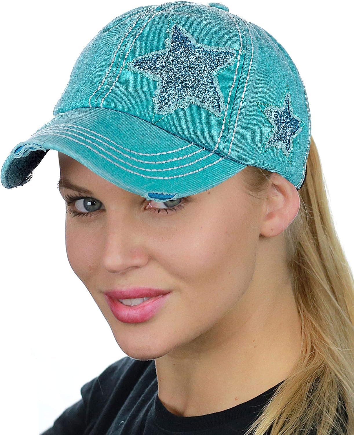 C.C Ponycap Messy High Bun Ponytail Adjustable Glitter Star Distressed Baseball Cap Hat