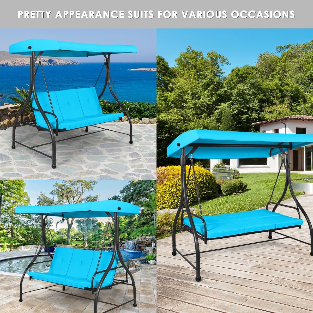 Tangkula 3 Seats Converting Patio Swing, Outdoor Porch Garden Canopy Swing with Comfortable Cushion Seats & Adjustable Tilt Canopy, Heavy Duty Hammock 3 Persons Porch Swing (Turquoise)