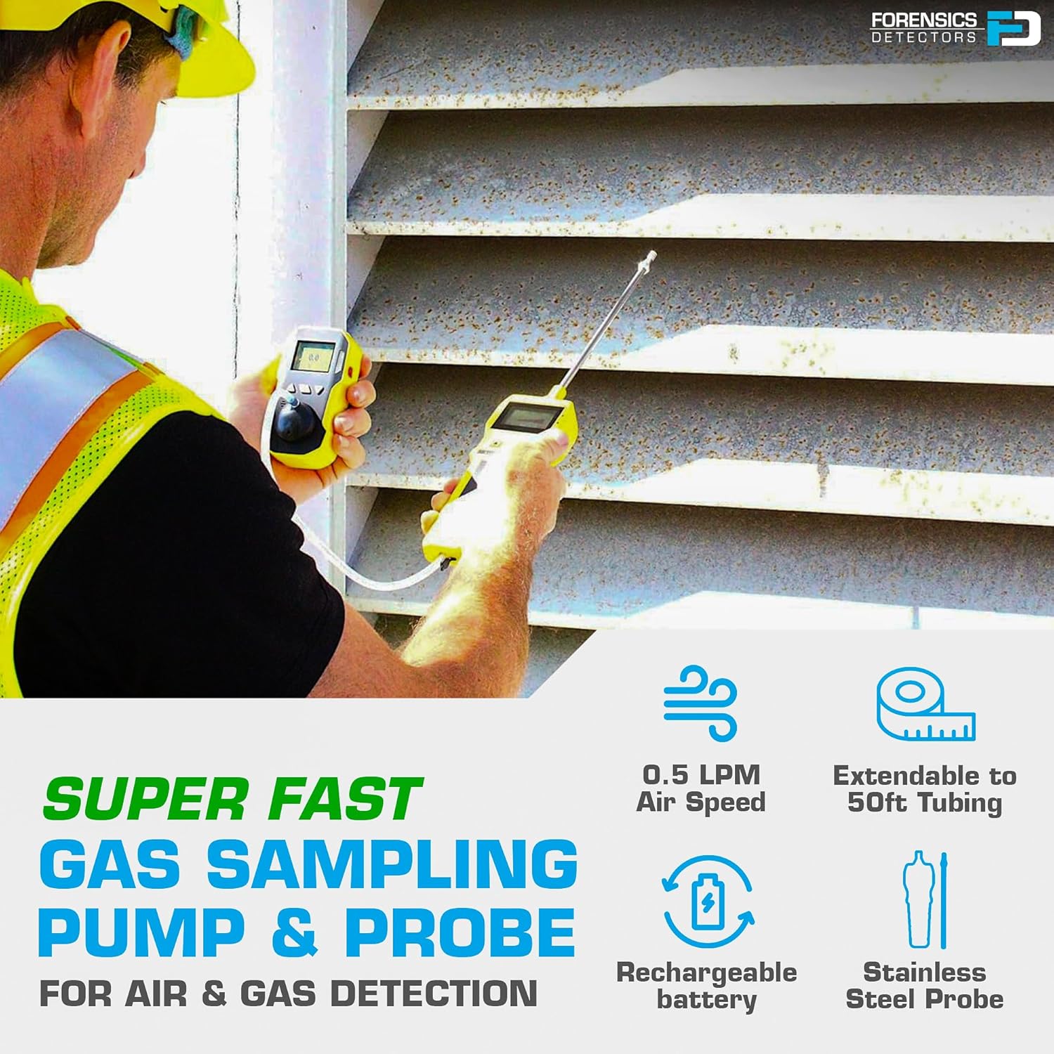 Gas Sampling Pump by Forensics | Stainless Steel Probe | Made for Gas Detectors & Meters | Flow Rate: 0.5LPM, 500cc/min | Strong ABS | USB Recharge |