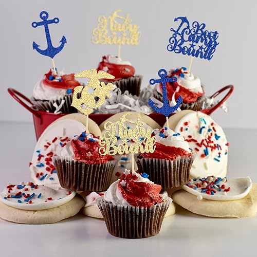 Miniatura 6 de 24 piezas de decoración para cupcakes con temática militar con purpurina para botas de campamento, decoración de cupcakes con temática azul marino,