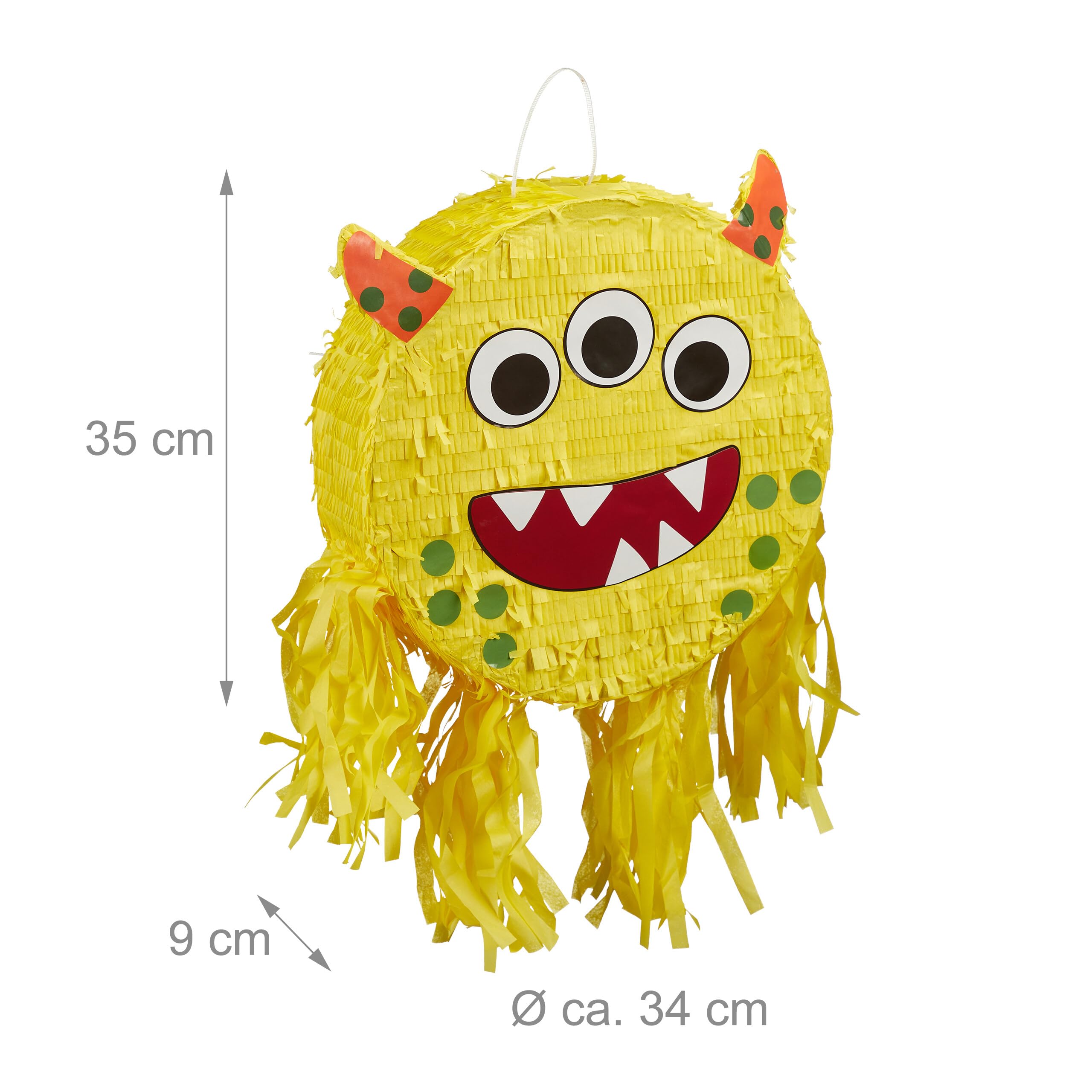 Relaxdays Piñata Mostro riempibile con Bastone e Maschera, 35x34x9 cm, Multicolore per Feste e Compleanni
