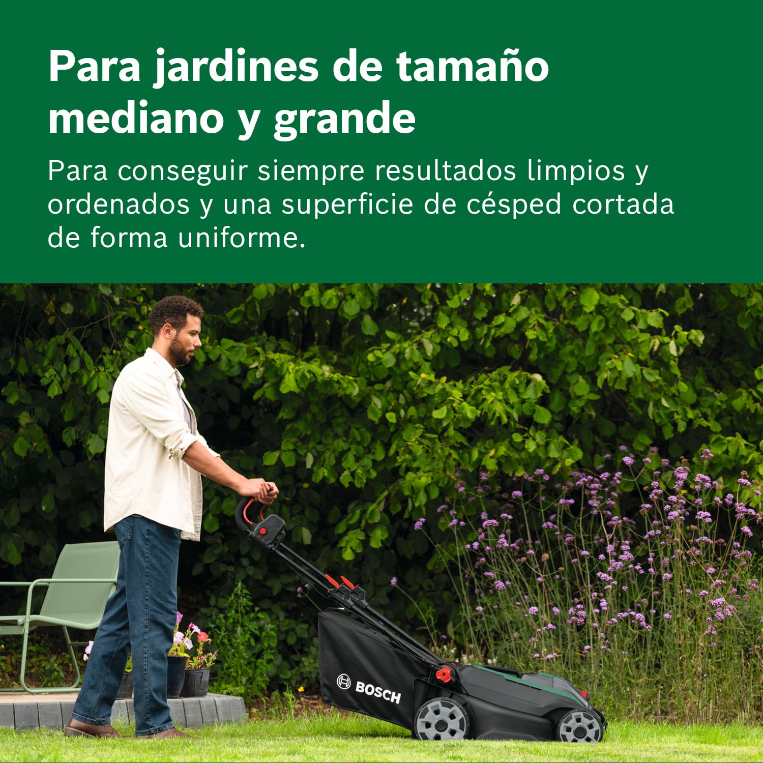 Bosch cortacésped a batería ROTAK18V2-43 | Ancho de corte 43 cm, altura de corte 30-75 mm, cesto 40 l, tapón para triturado, incl. 2 baterías 18V y cargador