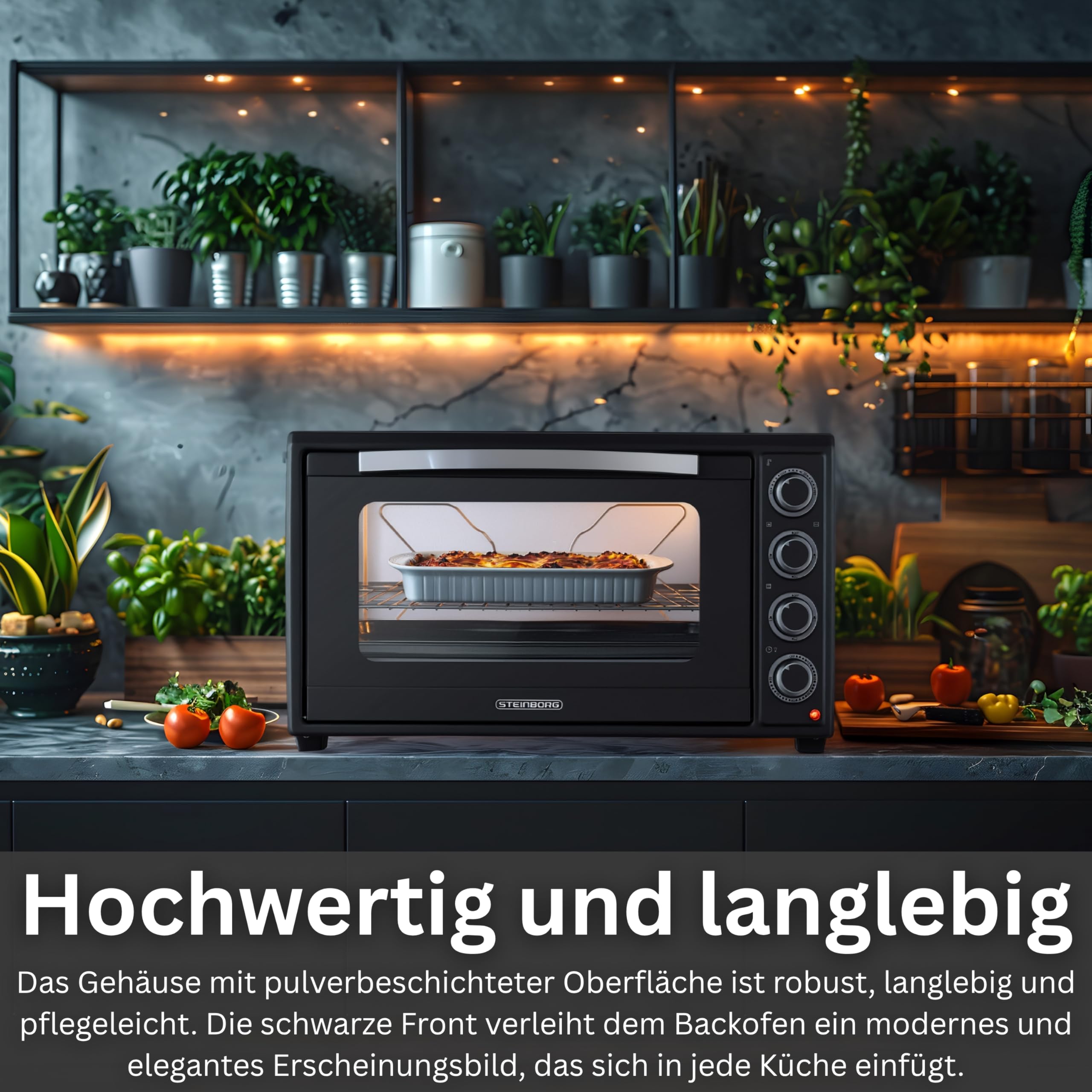 Steinborg® Mini Backofen 60 Liter mit Umluft & Drehspieß, 2000W Tischbackofen groß XXL, 100–230°C, 60 Min Timer, Ober-/Unterhitze & Konvektion, Pizzaofen 3-in-1 inkl. Zubehör